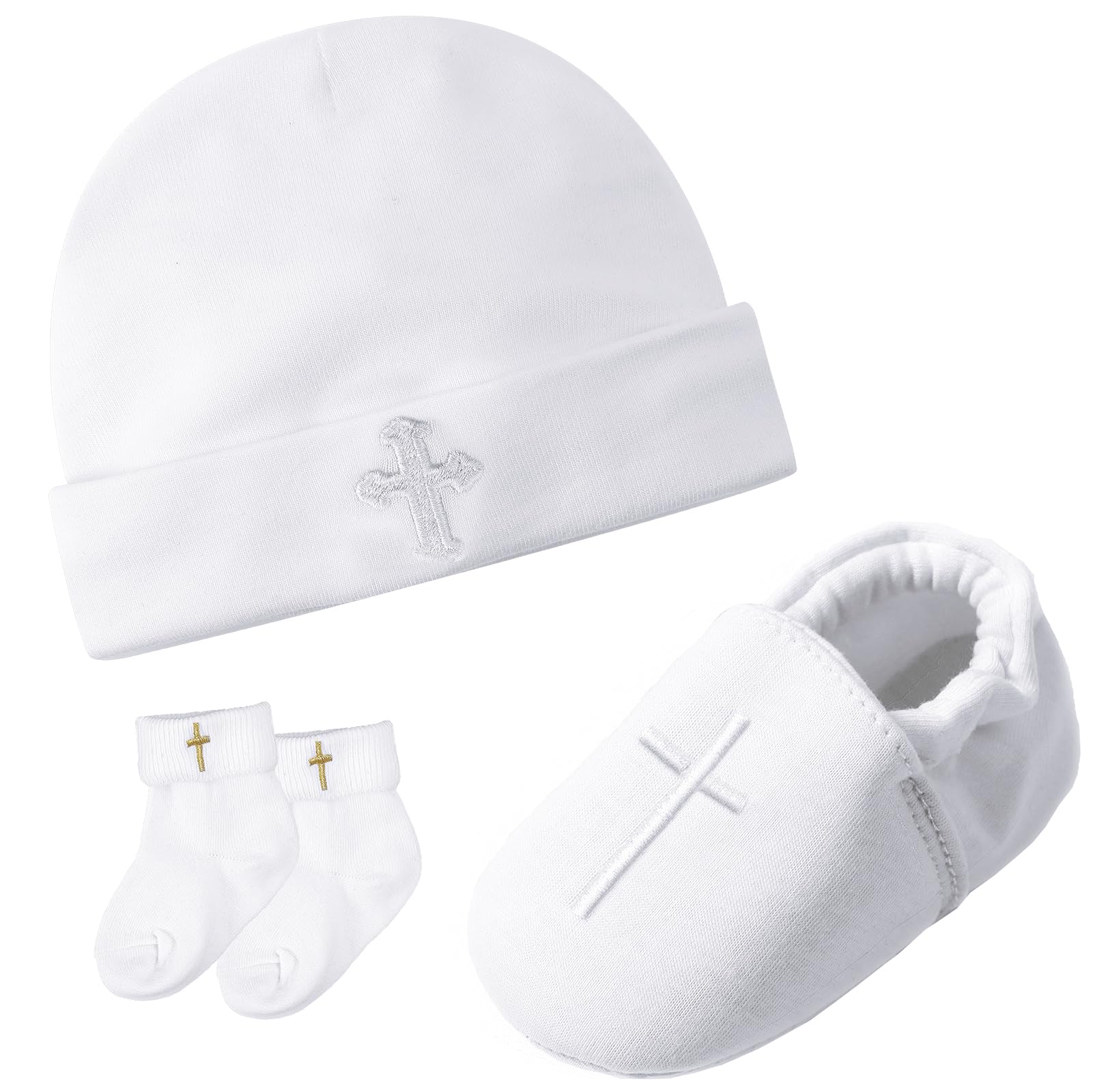 AGJ Baby Boy Baptism Shoes Girls Infant White Christening hat and Socks Set with Embroidered Cross for Dedication Outfit 3-6 Months