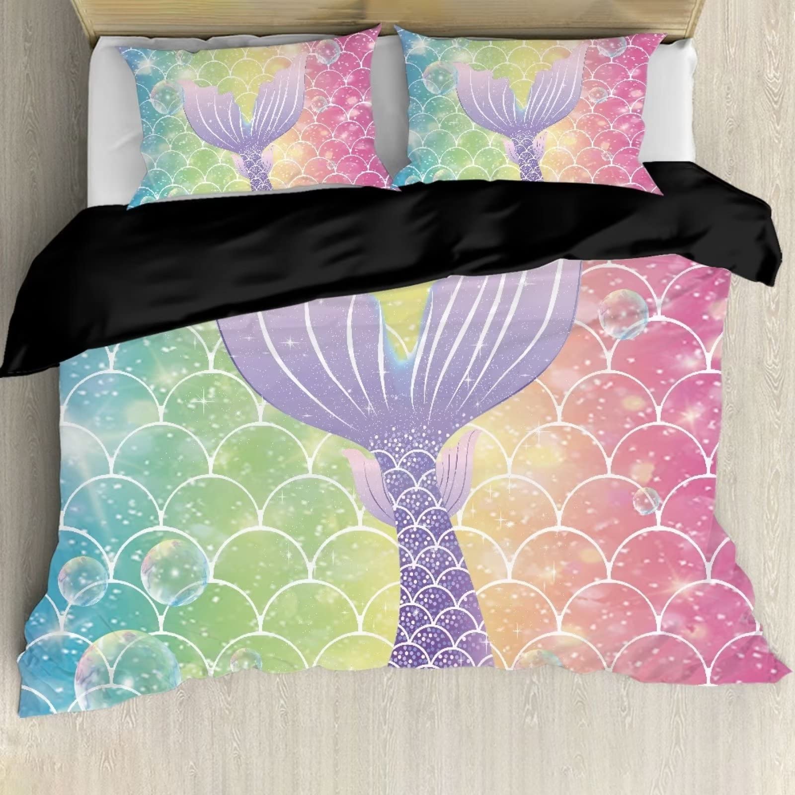 BIGCARJOB Kids Duvet Cover Bedding Set 3 Pcs Mermaid Tail Print Comforter Cover for Girls Children Teens Bedroom Decor Bedspread Cover King Size with 2 Pillow Case