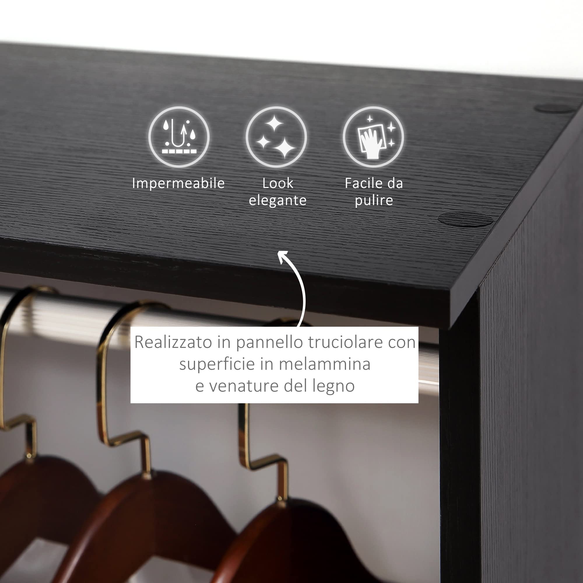 HOMCOM Stand Appendiabiti con 6 Ruote, Appendiabiti da Terra con 5 Ripiani e 2 Aste per Vestiti, Guardaroba Porta Abiti in Legno e Alluminio, per Camera da Letto Soggiorno Corridoio Ingresso, Nero