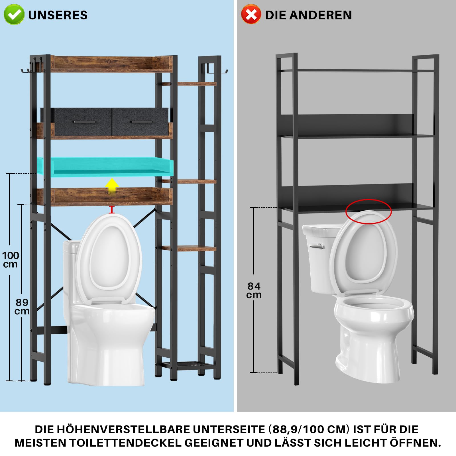 iSunirm Waschmaschinenregal mit 2 Schubladen – 7-stöckiger Toilettenregal mit verstellbarem Regal, Toilettenregal mit 4 Haken für Bad und Waschküche, Rustikales Braun
