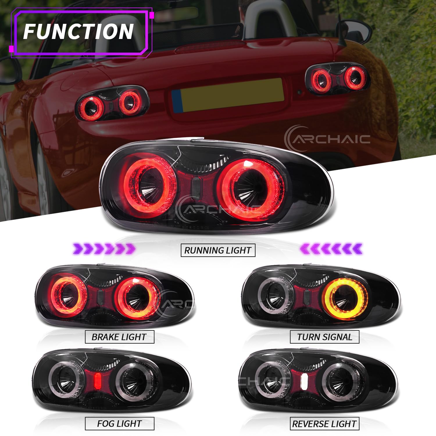 Archaic Tylne światła LED kompatybilne z 2009-2015 Mazda MX-5 MK3 NC2 NC3 Miata Roadster 2-drzwiowy kabriolet, z reflektorem