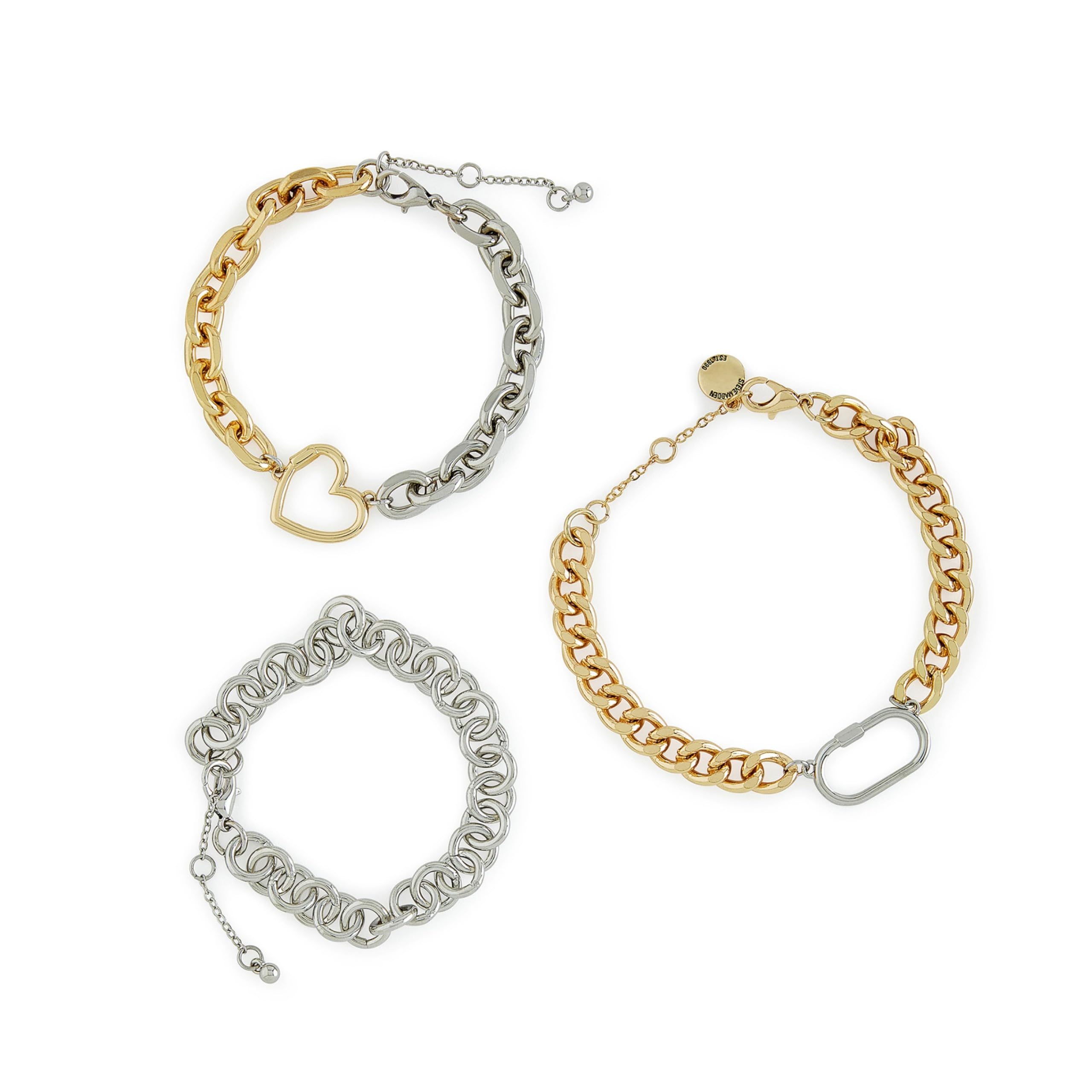 Steve Madden Armband-Set für Frauen mit Herz und Karabiner, stylischer und leichter Schmuck, zweifarbig vergoldet und versilbert, inklusive 3 Armbändern und Geschenkbox