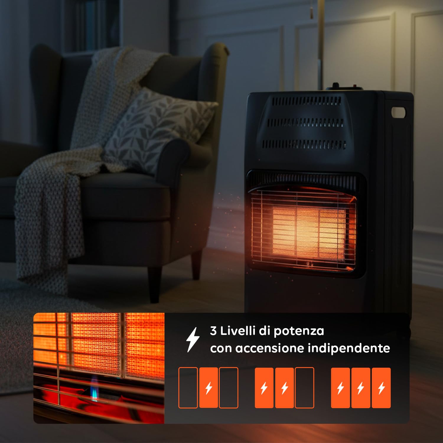 Wintem Estufa de gas negra a GLP, 4,2 kW, con 3 niveles de calentamiento y encendido seguro piezoeléctrico. Fácil de mover gracias a las cómodas ruedas. Ideal para ambientes interiores
