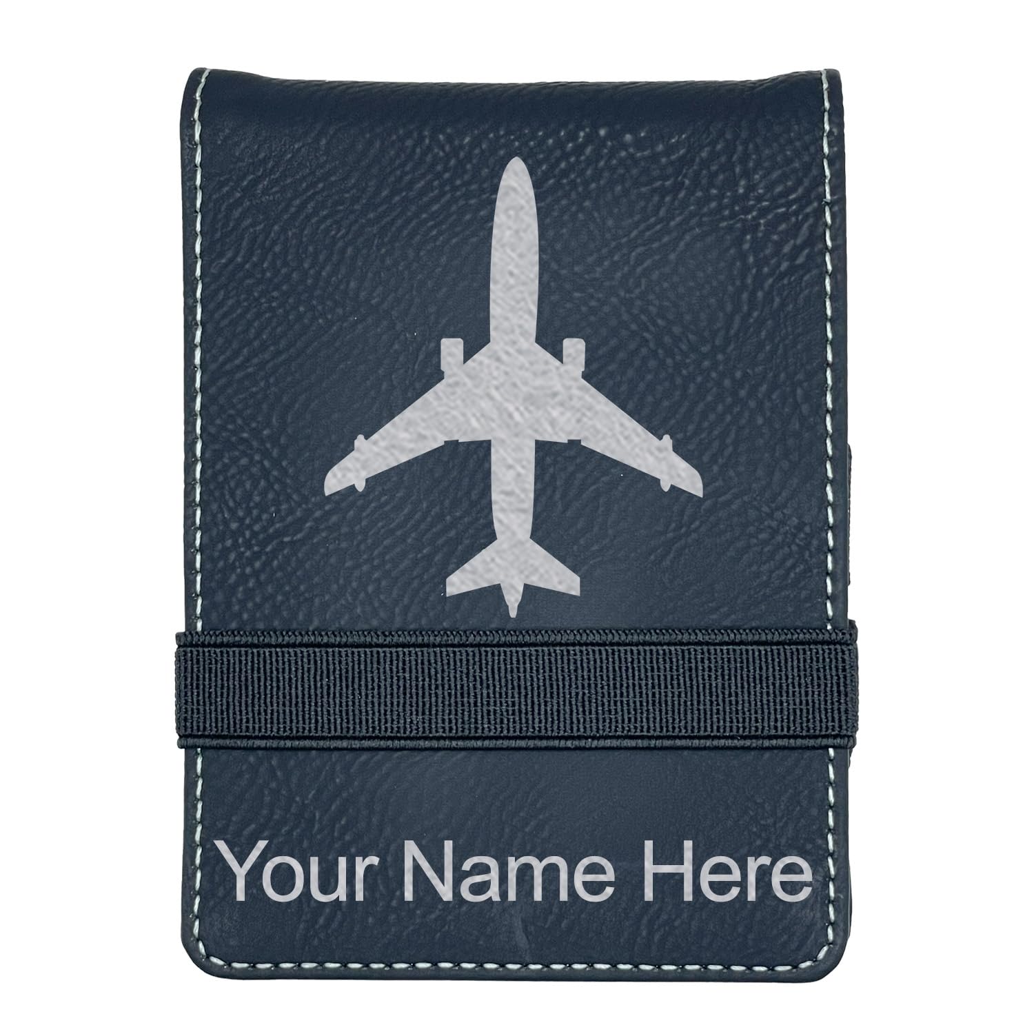 LaserGram Mini Padfolio with Notepad and Pen, Jet Airplane, Personalized Engraving Included (Black with Silver)