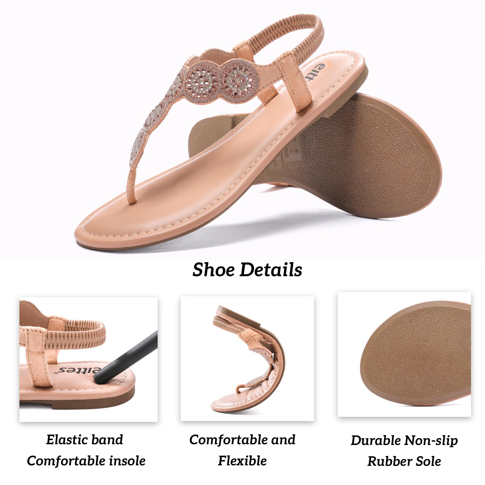 Veittes sandales boho plates pour femmes -Sandales élégantes et confortables à bride élastique arrière, à sabot ouvert sandales tong d’été avec strass et sangle de cheville