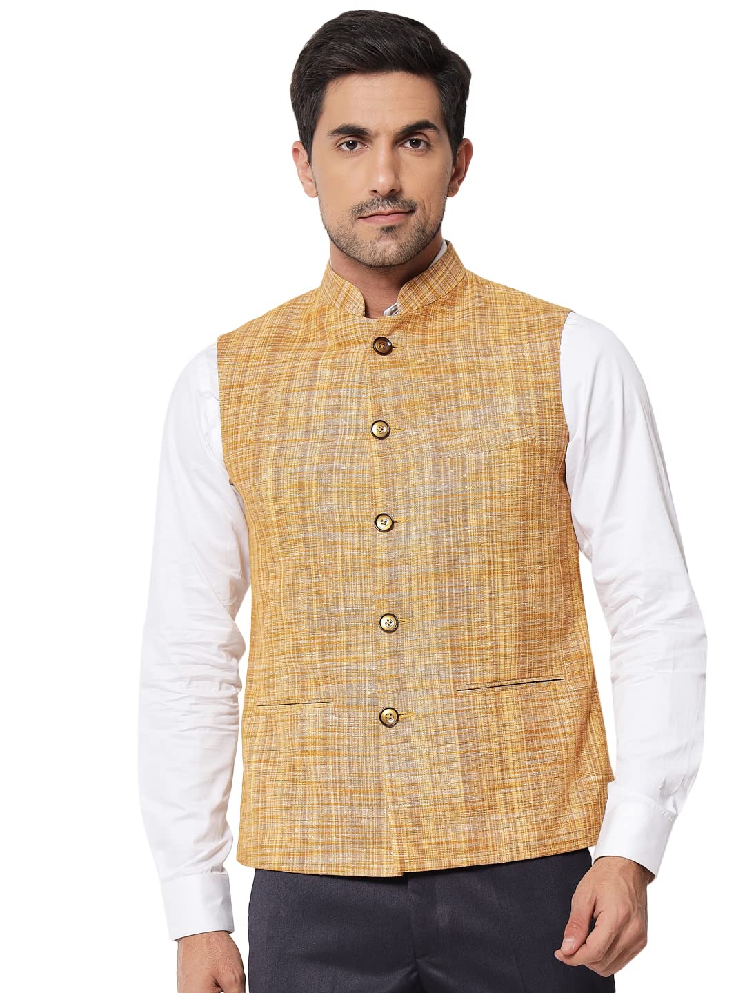 vastraa fusion Mens Handloom Small Check Cotton Nehru Jacket (Brown)-picture-12