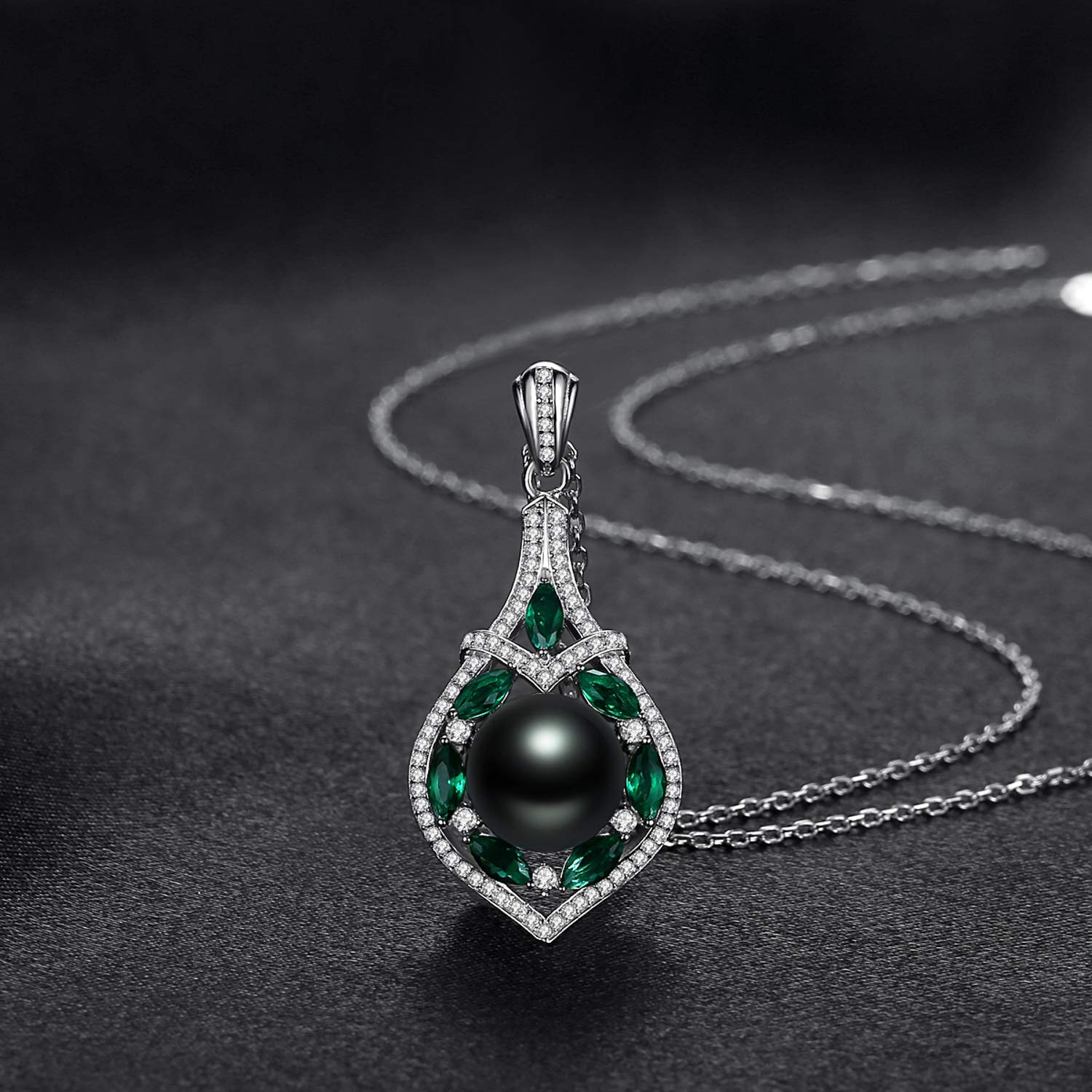 VIKI LYNN Collar con colgante de perlas negras cultivadas de Tahití, de 10 a 11 mm, plata de ley de calidad AAA, circonita cúbica para mujer, Plata esterlina Zirconia cúbica Plata de ley Circonita