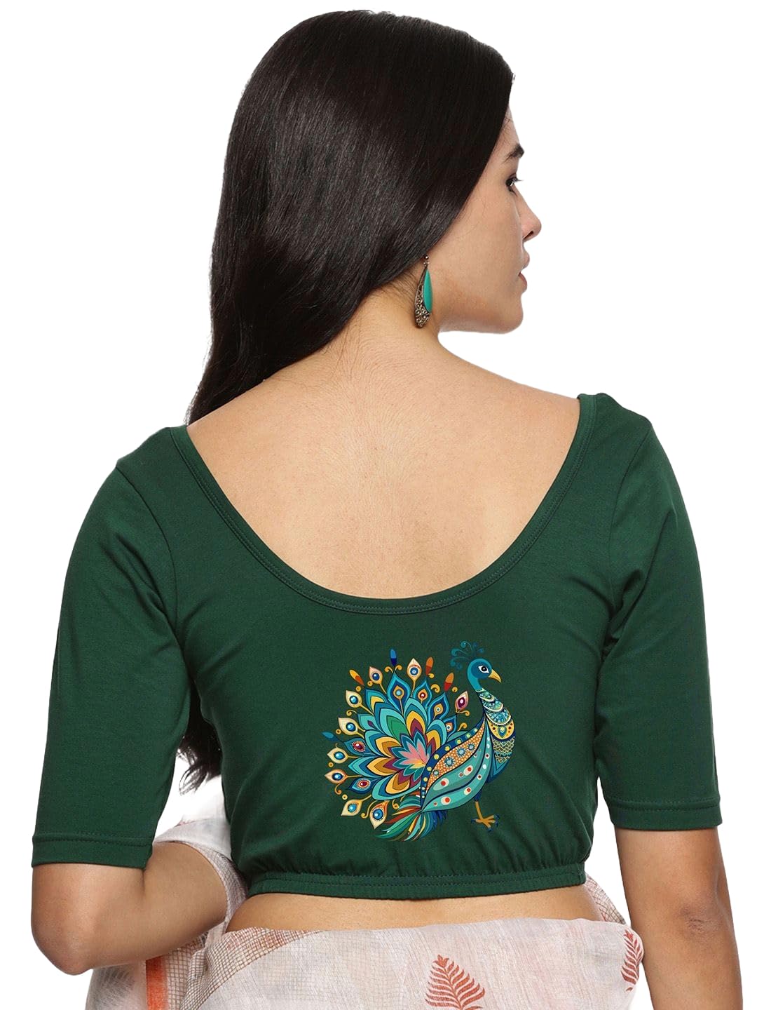 Peacock Print Cotton Blouse, Half Sleeve, Round Neck-picture-56