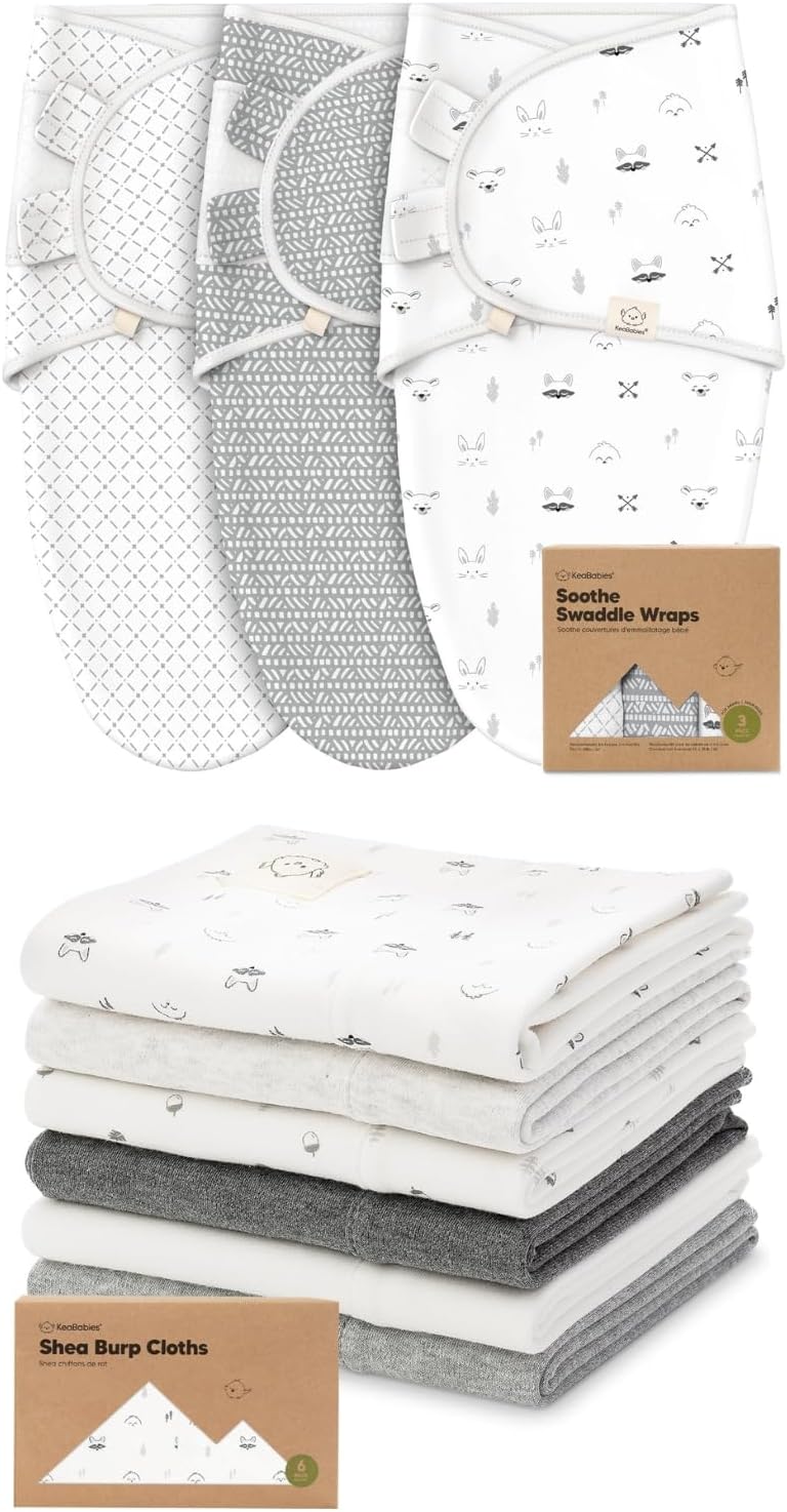 KeaBabies 3Pack Baby Swaddle Sleep Sacks and 6Pack Baby Burp Cloths for Baby Boys
