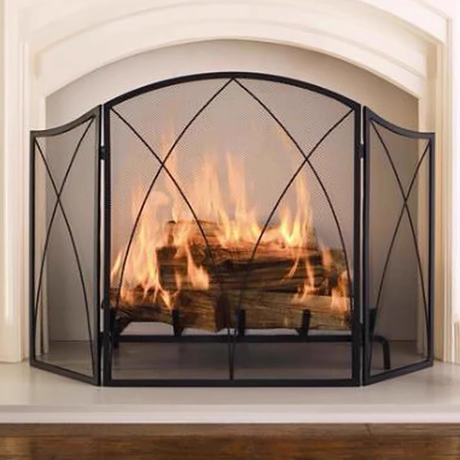 Salvachispas Chimenea Pantalla para Chimenea Plegable de Tres Hojas con Malla, Cubierta Protectora Negra Plegable para Estufa de Leña, Marco Protector contra Chispas para Chimenea Moderna