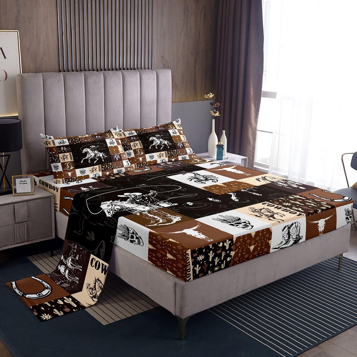 Erosebridal Cowboy Bed Sheets Set Queen Western Patchwork Sheet Set for Kids Boys Boho Arrows Feather Bull Skull Horse Riding Sheets American