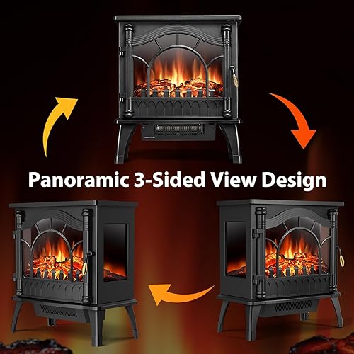 Miniatura 5 de Xbeauty Estufa eléctrica con llama realista, calentador de chimenea independiente infrarrojo, portátil, diseño retro, termostato, seguridad de