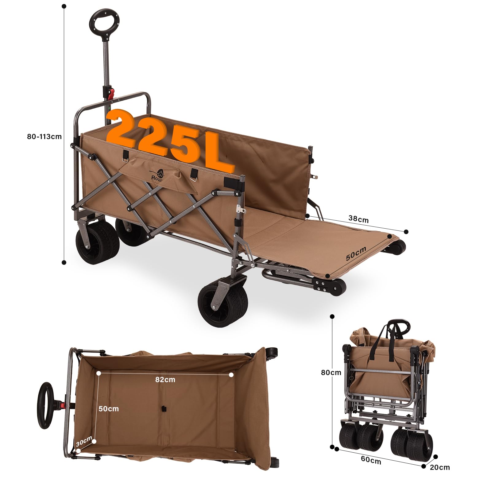 Carrello da Spiaggia 225L, 17×10cm Ruote Grandi con Freno, Spingere&Tirare Carrello Pieghevole con Portellone Posteriore, Carrello da Giardino per all'aperto Ogni Tipo di Terreno