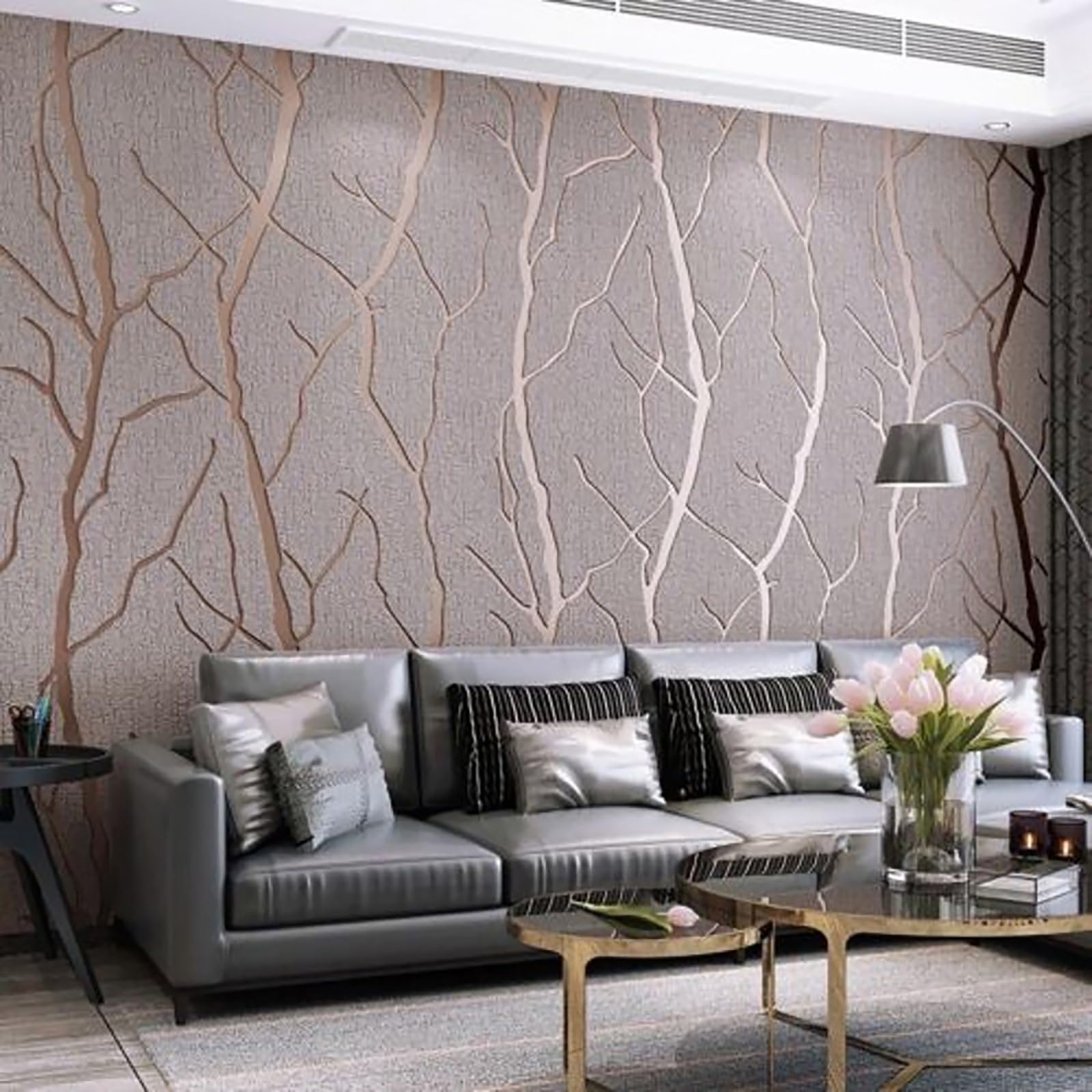 Trafagala Non-Woven Taupe Wallpaper 3D Embossed Striped Feature Branch Glitter Wallpaper Flocking Textured Modern Minimalist for Bedroom Living Room TV Backdrop Hallway Hall Lounge
