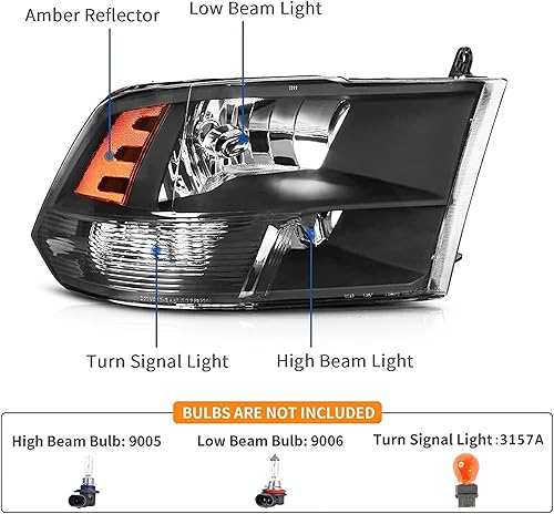 Miniatura 5 de Conjunto de faros delanteros para Dodge Ram 1500 2009-2018, Ram 2500 3500 2010-2018, lado del conductor y del pasajero, carcasa negra, esquina ámbar