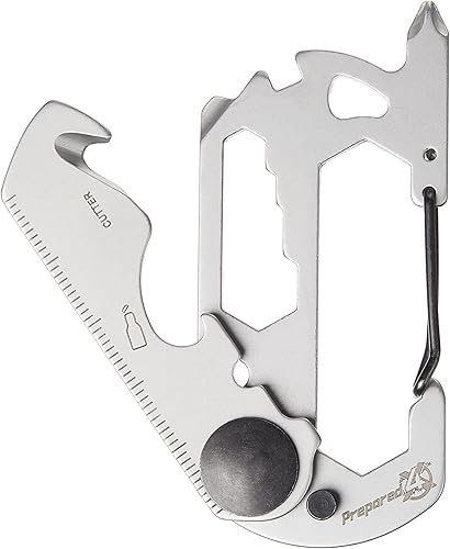 PREPARED4X Llavero mosquetón multiherramienta 10 en 1 de acero inoxidable EDC Tactical Survival Gear Destornillador, regla, abridor de botellas,