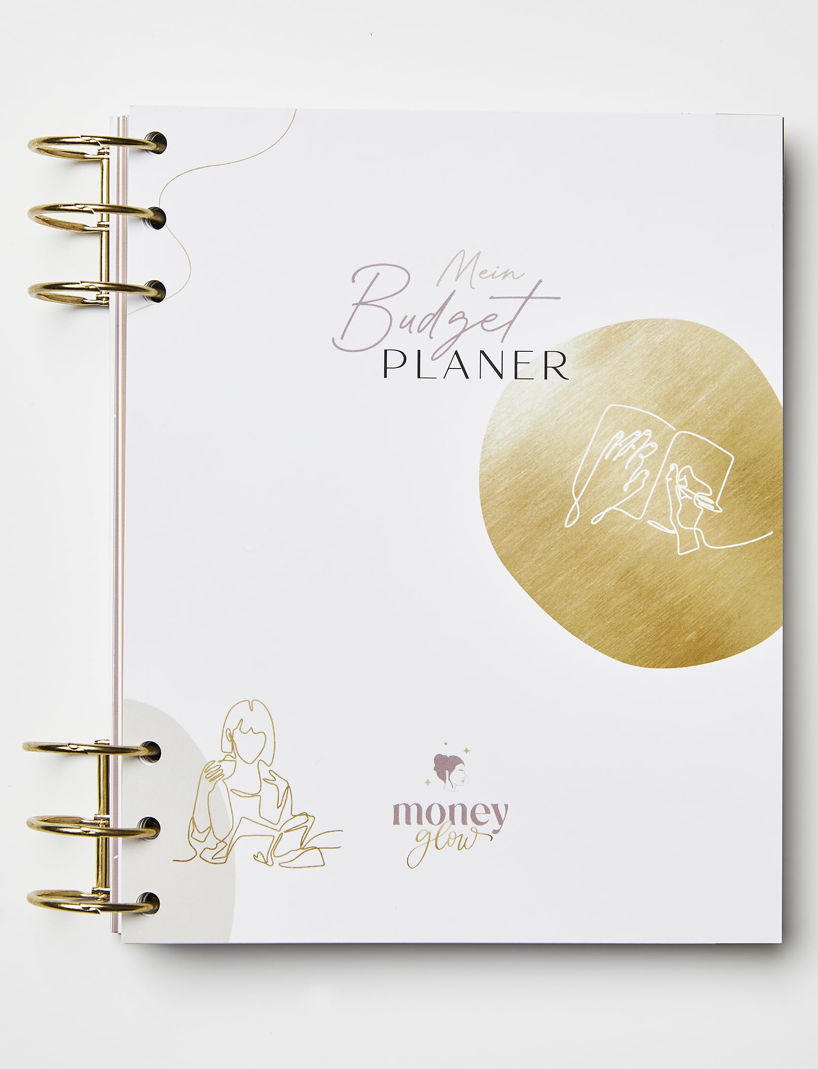 Moneyglow® Mein Budgetplaner A5 deutsch I 310 Seiten I goldene Ringe zum Öffnen I Seiten immer wieder austauschbar I Register I Illustrationen I satiniertes Schreibpapier I undatiert