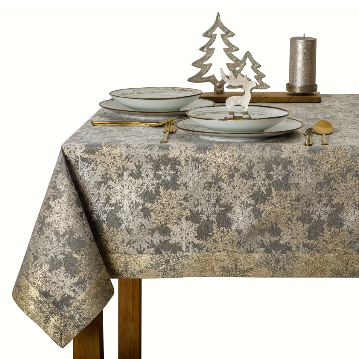 Tischdecke Weihnachten 120x160 cm - Elegante graue weihnachtliche Tischdecke mit goldenen und silbernen Schneeflocken, sauber genäht mit Kuvertsaum, schmutzabweisend - O5 5555 1002