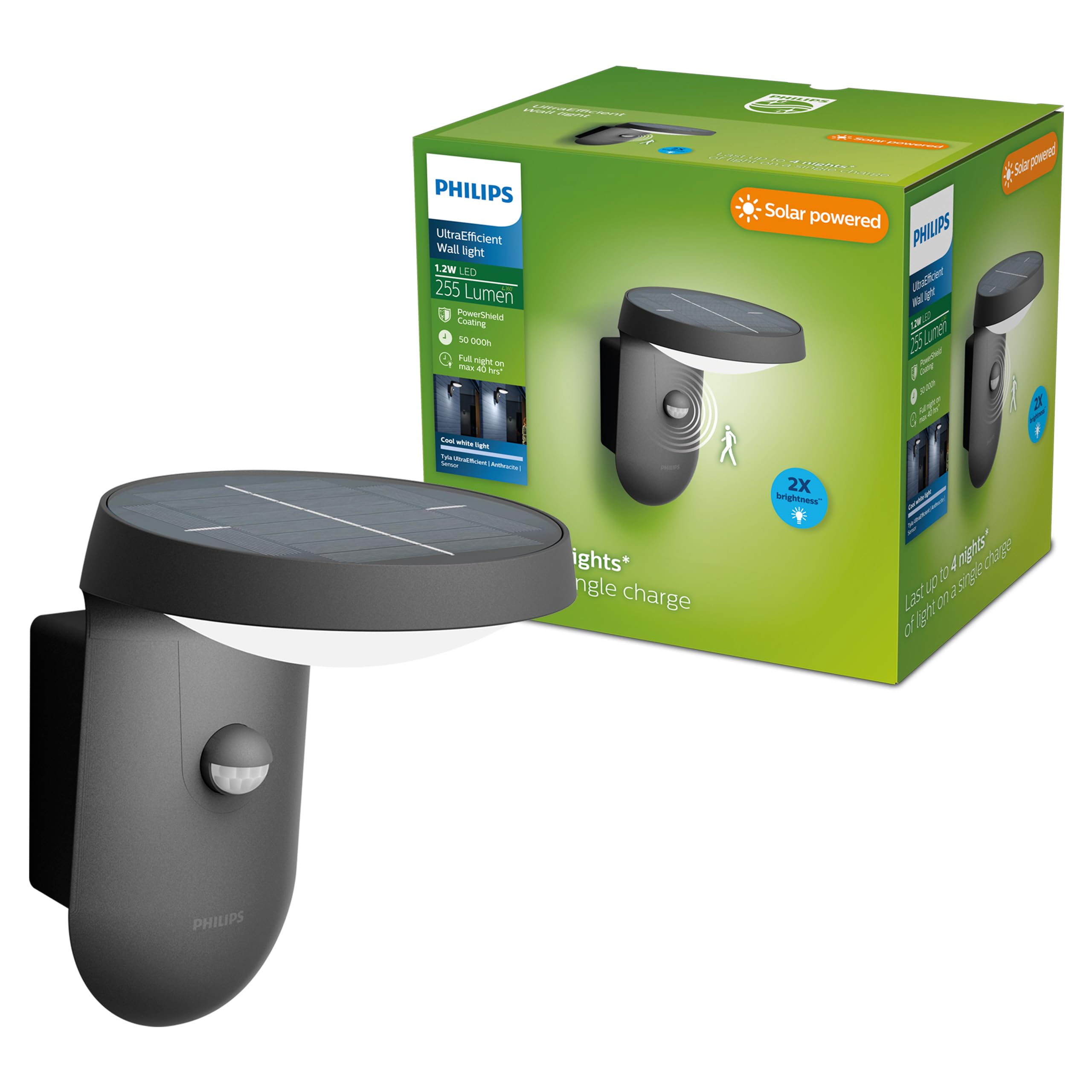 Philips - Aplique exterior de pared Philips Tyla 1.8W Luz Neutra 4000k, con sensor de movimiento y alimentación solar, protección IP44