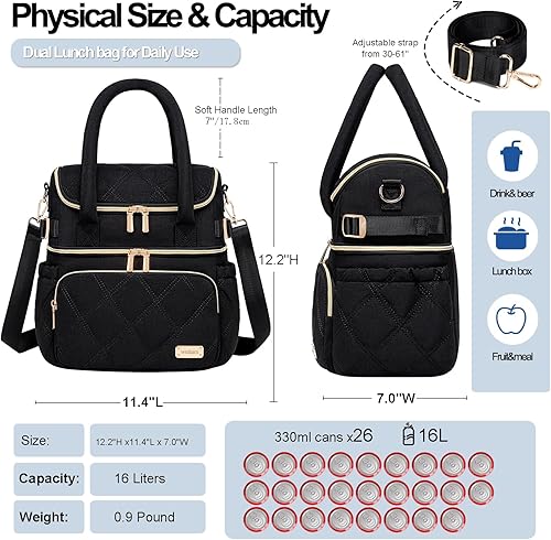 Miniatura 5 de Weitars Lonchera para mujeres y hombres, lonchera de doble cubierta para mujeres, bolsa de almuerzo acolchada para el trabajo, lonchera aislada a