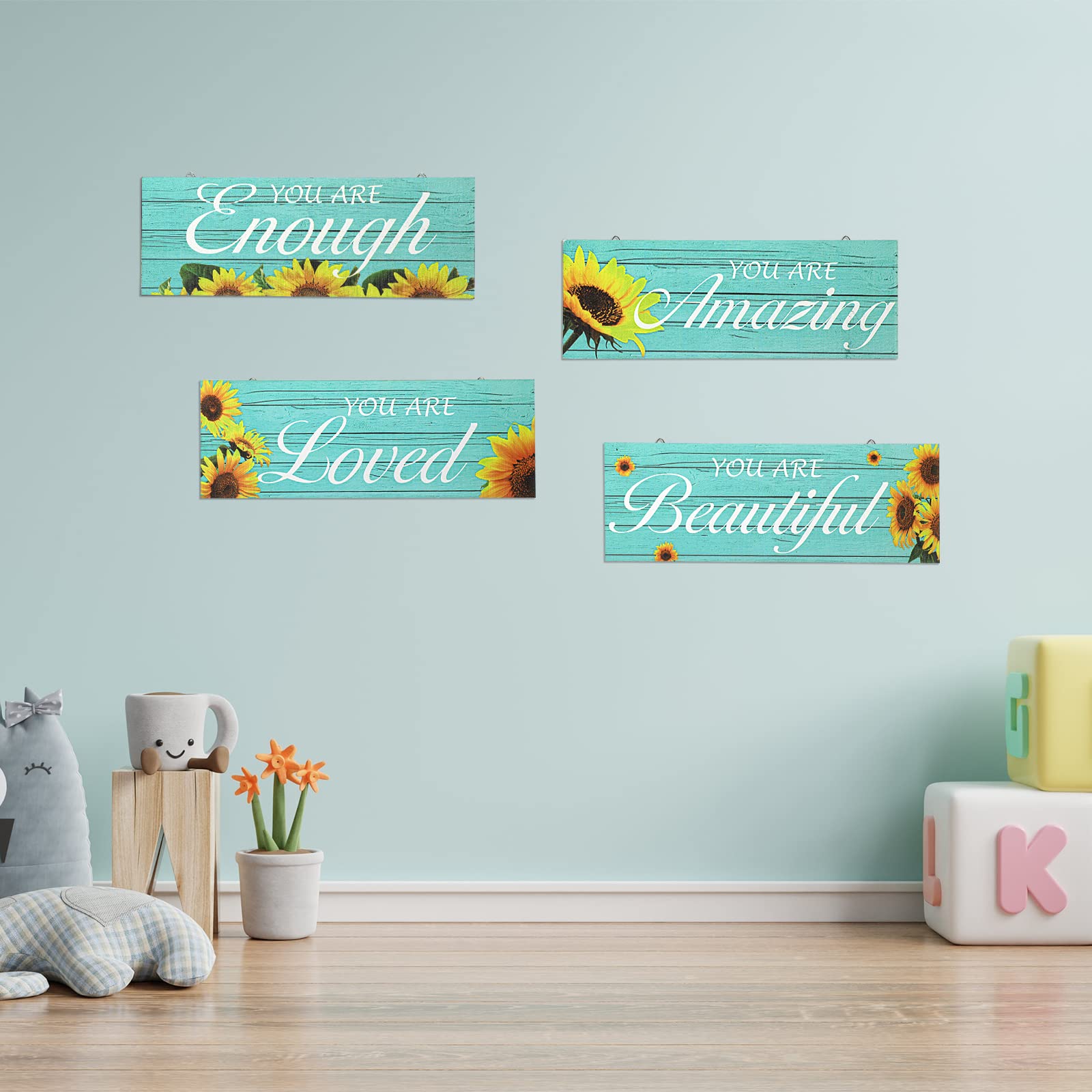 4 piezas de decoración de pared de girasol con texto en inglés You are Loved, decoración inspiradora de girasol, decoración de baño, turquesa, granja, arte de pared, letrero de madera 4