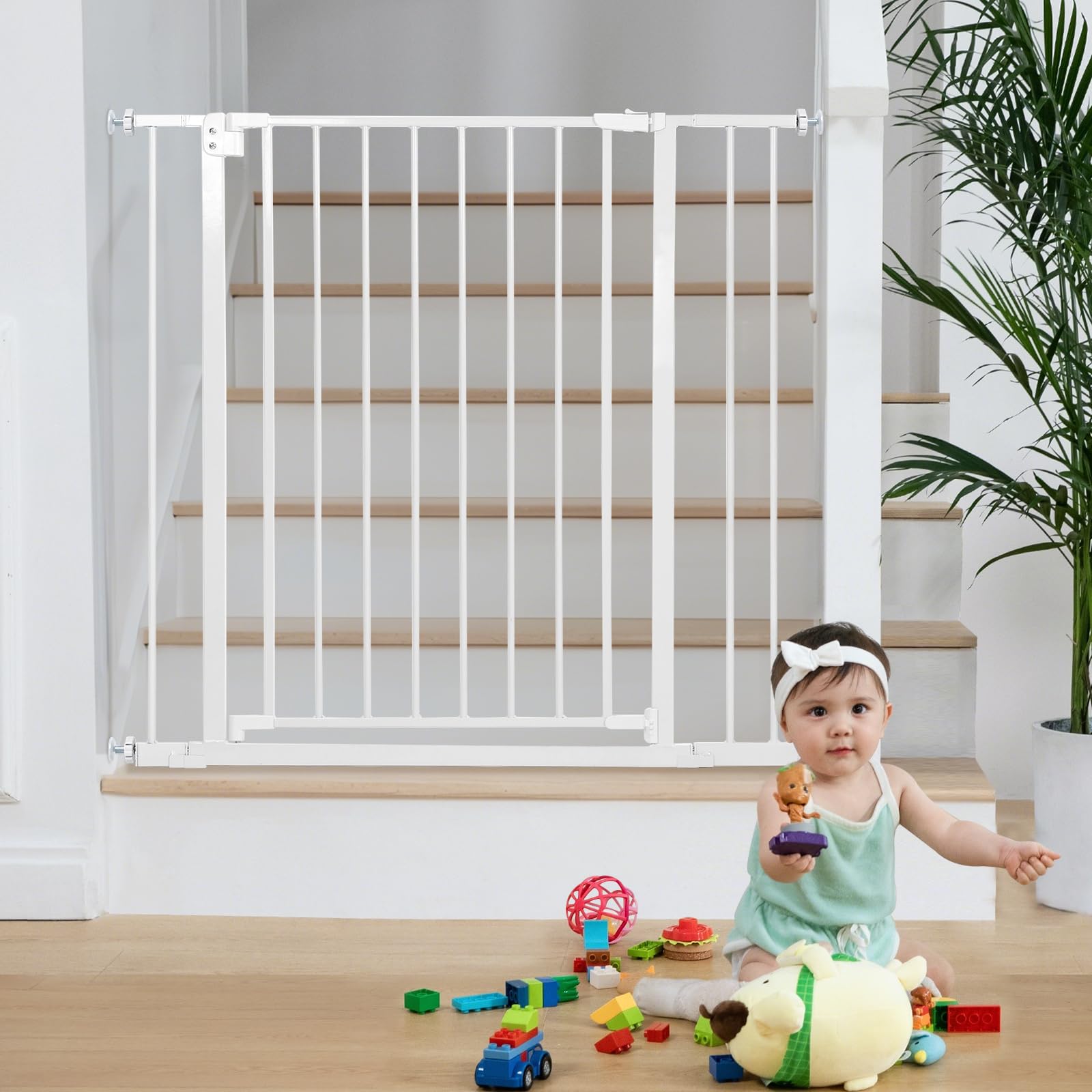 COMOMY Treppenschutzgitter ohne Bohren, 75-103cm Türschutzgitter für Kinder und Hund, Kindergitter mit 7cm und 14cm Verlängerungen, 90° Stop, Selbstschließend, 76cm Hoch (Weiß)