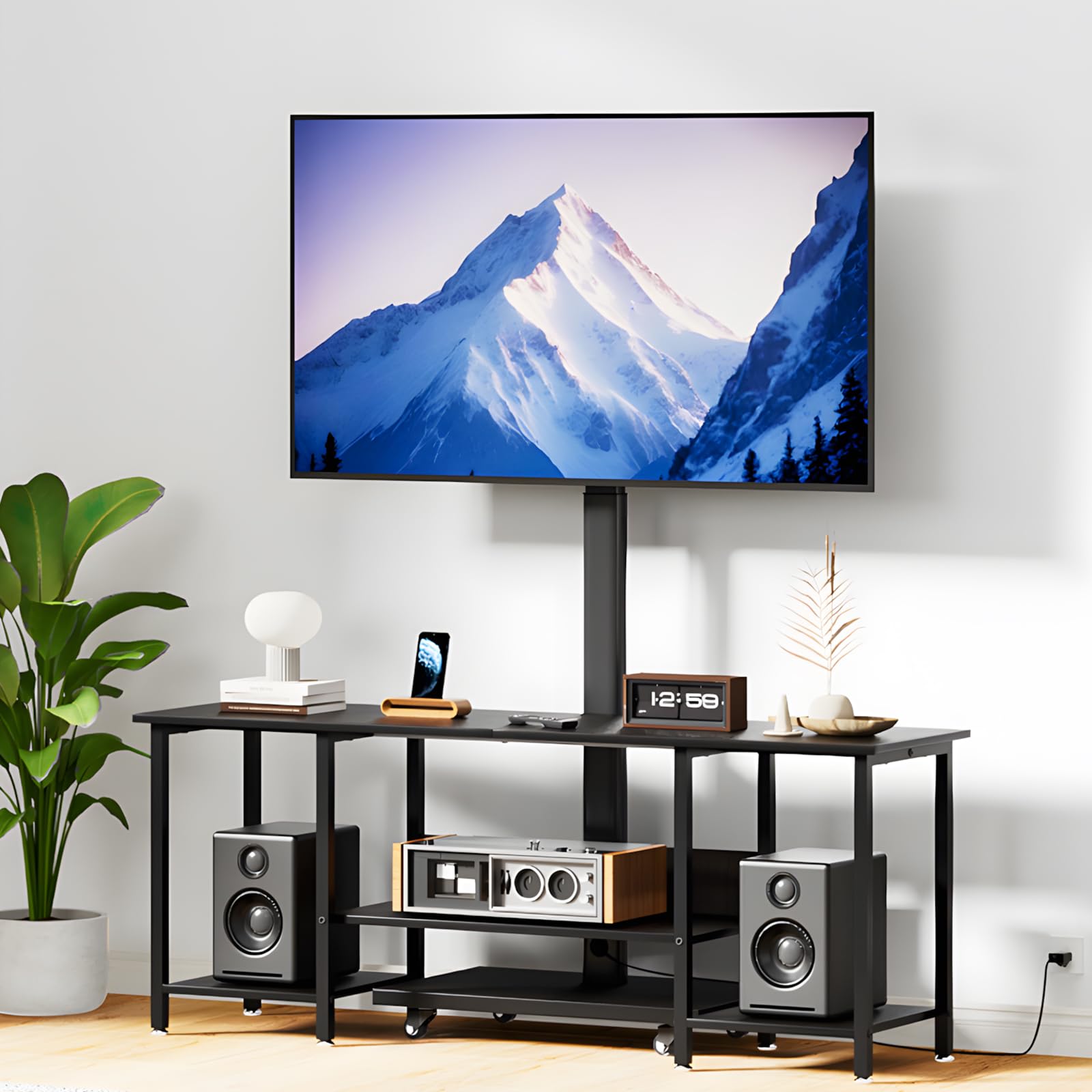 TV Stand with Mount for 32-65 Inch TVs, Swivel Rolling TV Stand Mount with Wheels and Power Outlet, Entertainment Center with Storage, Media Console Cabinet for Living Room Bedroom, Black