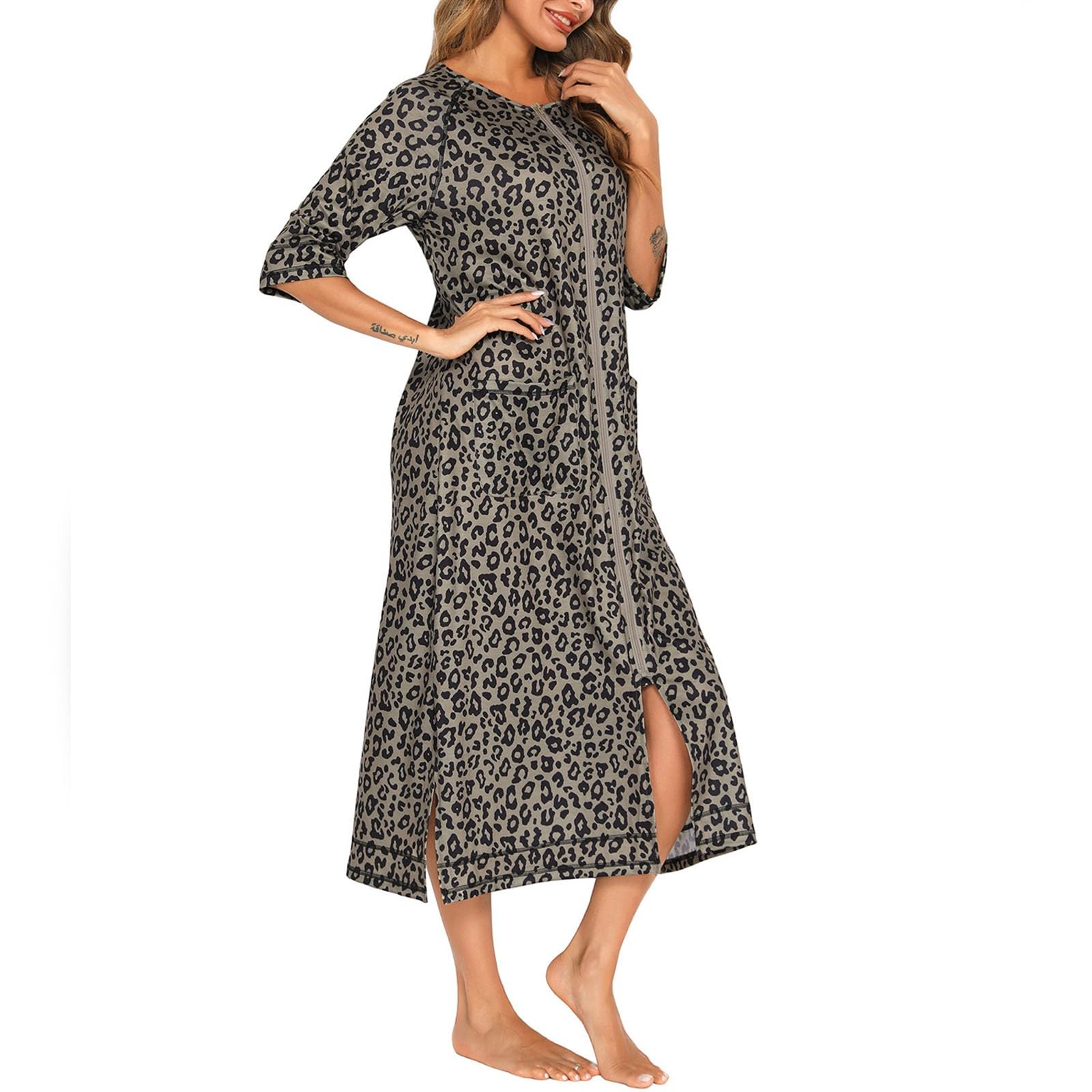 Bata de casa para mujer, batas con cremallera frontal, albornoz con medias mangas, abrigo de cuerpo completo de algodón suave con bolsillos, ropa de dormir cómoda, bata de baño larga
