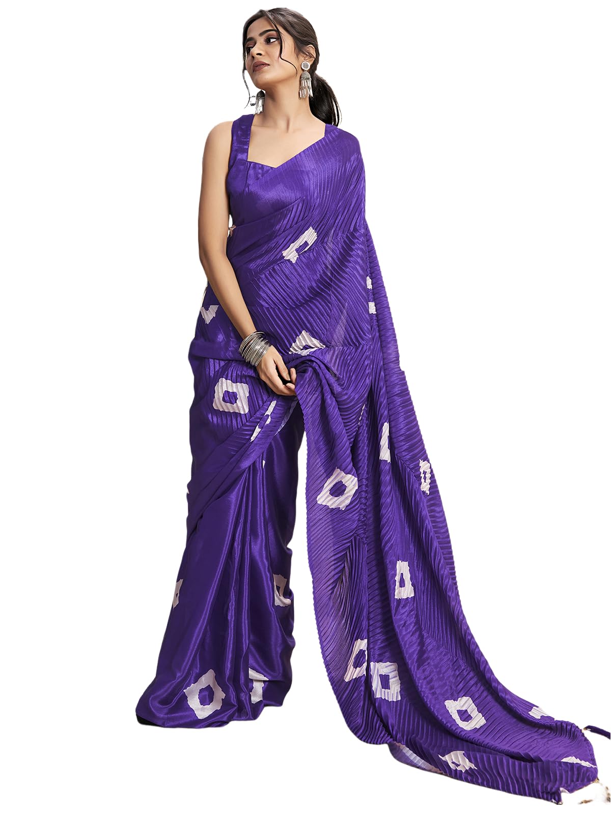 SatraniWomen's Dola Silk Bandhani Printed Pleated Ready To Wear Saree with Unstitched Blouse Piece