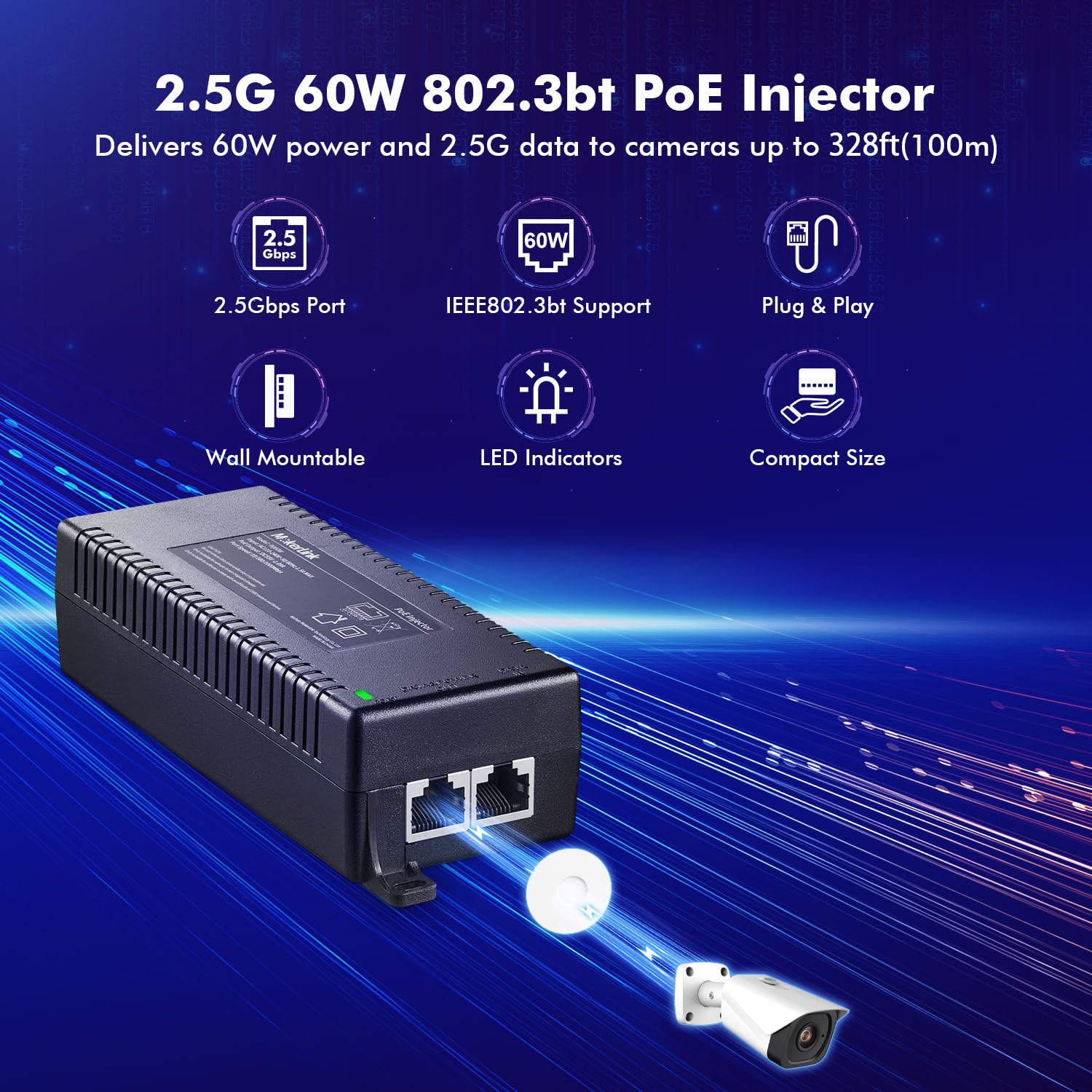 MokerLink Iniettore PoE da 2,5 Gigabit, 802.3af/at/bt 60W, Ethernet 2.5G/1G/100M, Plug & Play, adattatore non PoE a PoE, distanza fino a 100 metri