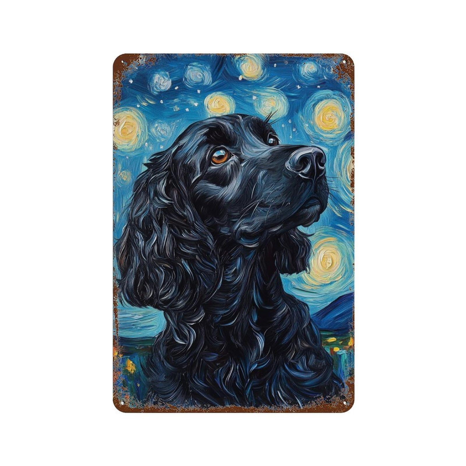 Decorative Tin Sign with Starry Night Cocker Spaniel Art Print Design 11.8"x7.9", for Farmhouse, Kitchen And Entryway Decor, Old School Wall Decor