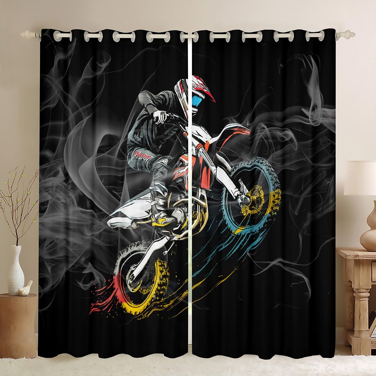 Homemissing Dirt Bike Curtains for Living Room (2 Panels, W66*L90) Racing Motocross Rider Darkening Window Drapes for Boys Girls Graffiti Style Blackout Curtain Motorcycle Window Treatments