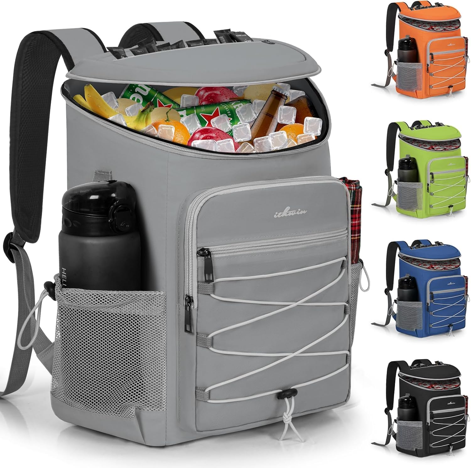 28L Kühlrucksack, auslaufsicherer Picknick-Kühlrucksack für 30 Dosen Getränke (330 ml), cooler Rucksack für Camping, Picknick, Wandern, Grillen, Strand, Grau