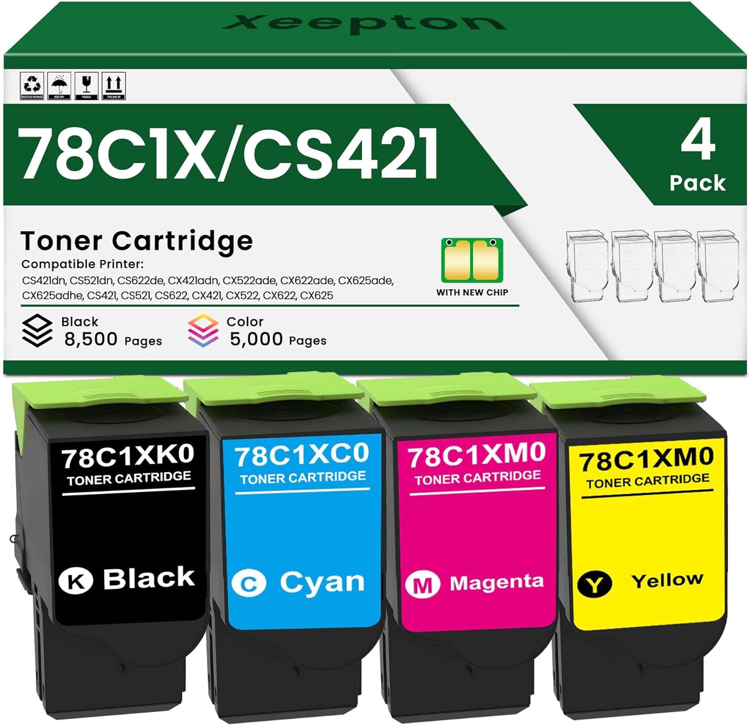 78C1XK0 78C1XC0 78C1XM0 78C1XY0 Toner Cartridge (With Chip) Remanufactured for Lexmark 78C1X Toner for CS421 CX421 CS421dn CX421adn CS521dn CX622ade CS622de CX625ade CX625adhe CX522ade Printer Ink