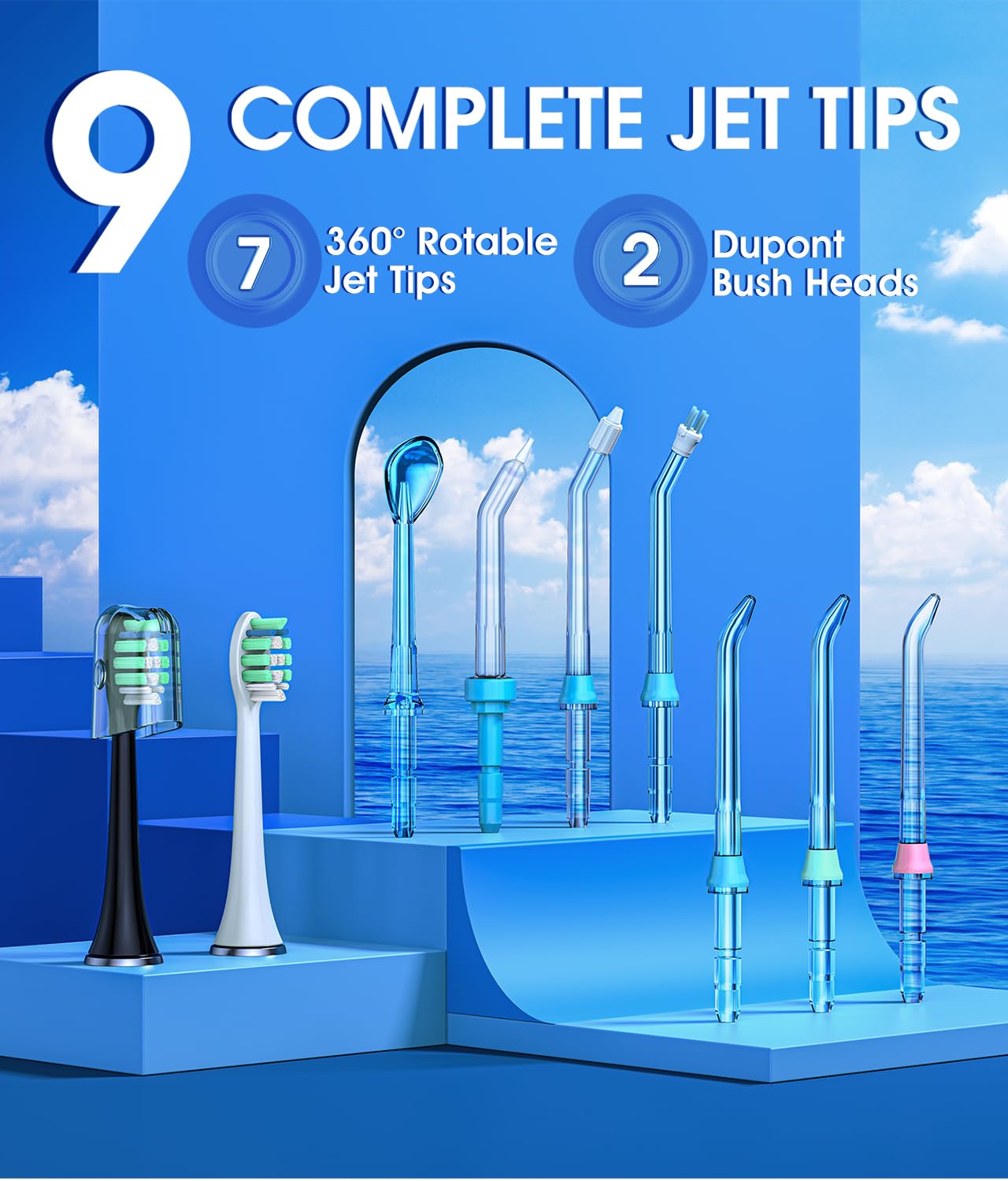 Cepillo de dientes eléctrico e hilo dental de agua, irrigador bucal de 600 ml con 7 puntas de chorro, 10 ajustes de presión ajustables, cepillo de dientes eléctrico sónico con 2 cabezales de cepillo