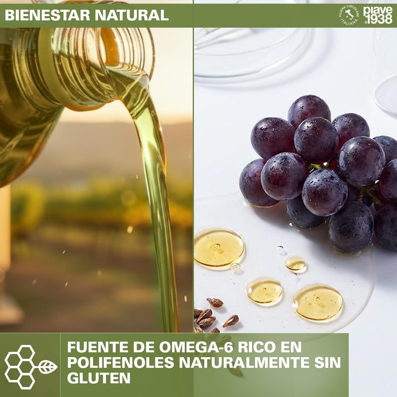 PIAVE 1938 Aceite de Semilla de Uva 5L, 100% Italiano, Alto Punto de Humo para Freír y Cocinar, Aceite Base de Masaje Neutro y Natural, Rico en Vitamina E, Garrafa Formato Profesional Hostelería