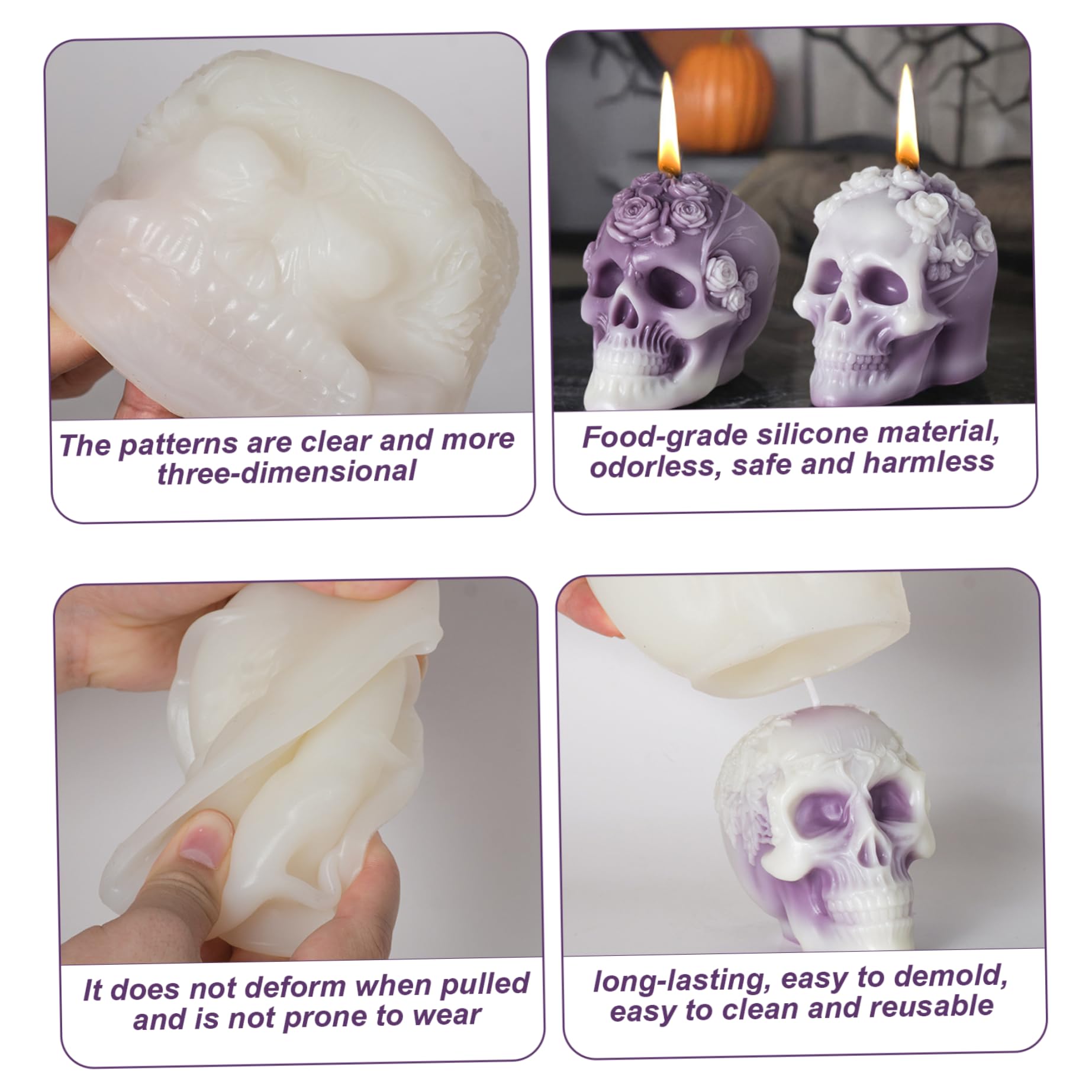 Moldes de silicona para Halloween, 2 piezas, molde para vela de calavera con flores 3D con textura transparente, fácil limpiar y desmoldar, decoración llamativa calavera para el hogar, tien Moldes de silicona para Halloween, 2 piezas, molde para vela de calavera con flores 3D con textura transparente, fácil limpiar y desmoldar, decoración llamativa calavera para el hogar, tien
