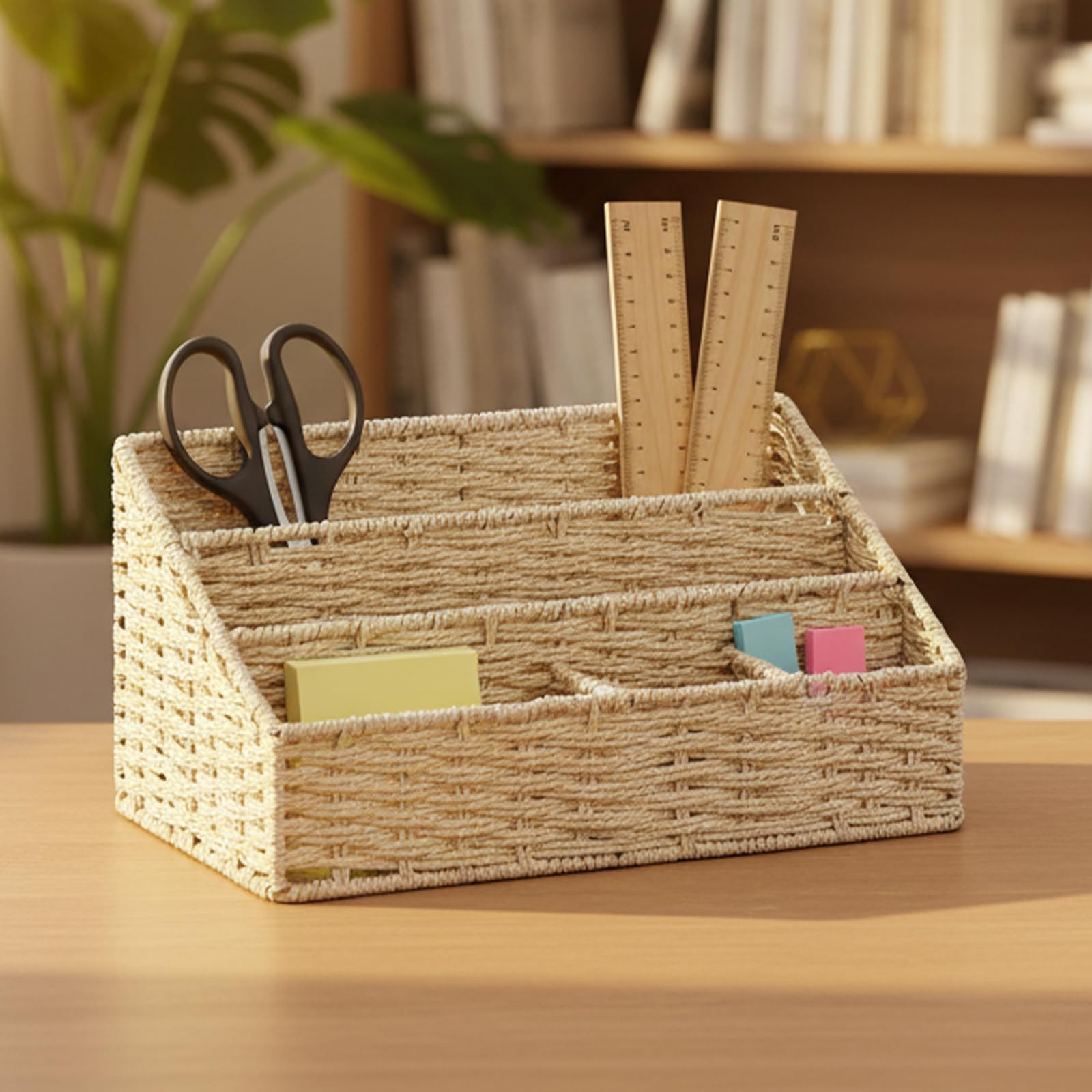 Organizer da Scrivania in Fibra Naturale, Portapenne con 4 Scomparti, Mensola a 3 Ripiani in Cordoncino di Carta e Ferro, Beige, 33 x 18 x 15,5 cm