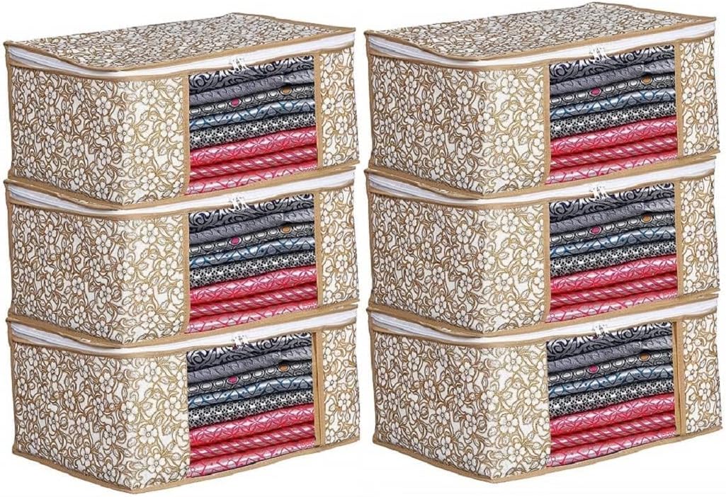 Perpetual Saree Organizer For Wardrobe - Foldable Saree Covers With Zip, Multipurpose Storage Bag For Suit, Lehanga, Dress Packing With Transparent Window Pack of 6 Pcs. (Beige)