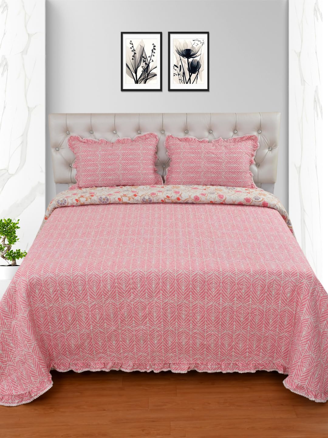BREVARD Luxury & Premium Glace Cotton Self Printed Bed Cover Bublle Lace Frill Border - 2 Pillow Covers All Season Ultrasonic Lightweight Bedspread (Queen Size - 90x100 Inches, Onion Pink)-image-20