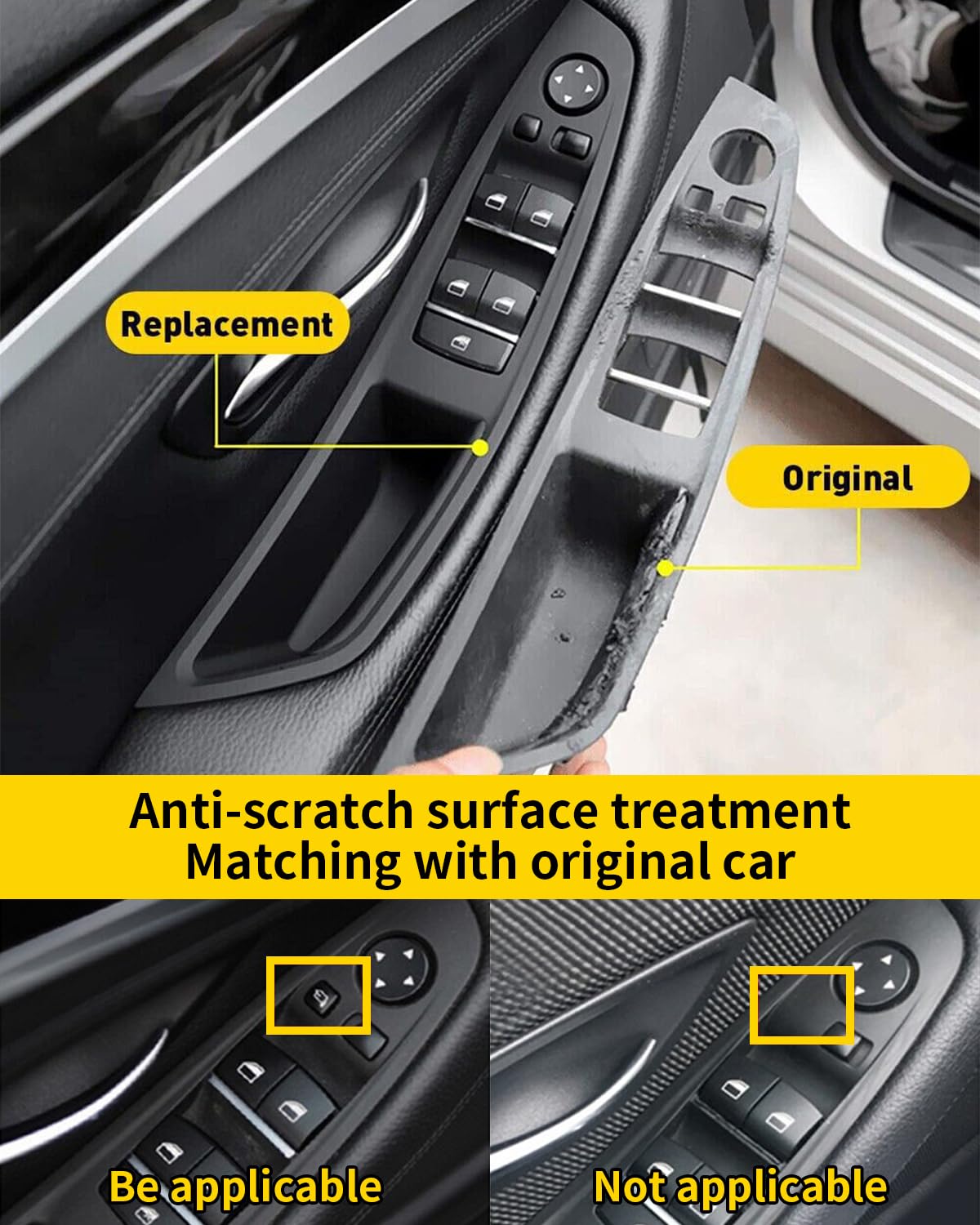 7-teiliges Türgriff-Set für BMW 5er F10 F11 520 530, Fensterschalter-Armlehne auf der Fahrerseite + Beifahrertür-Zuggriff + Fensterschalter-Abdeckungen für 523 525 528 535 (2010–2016)–Schwarz