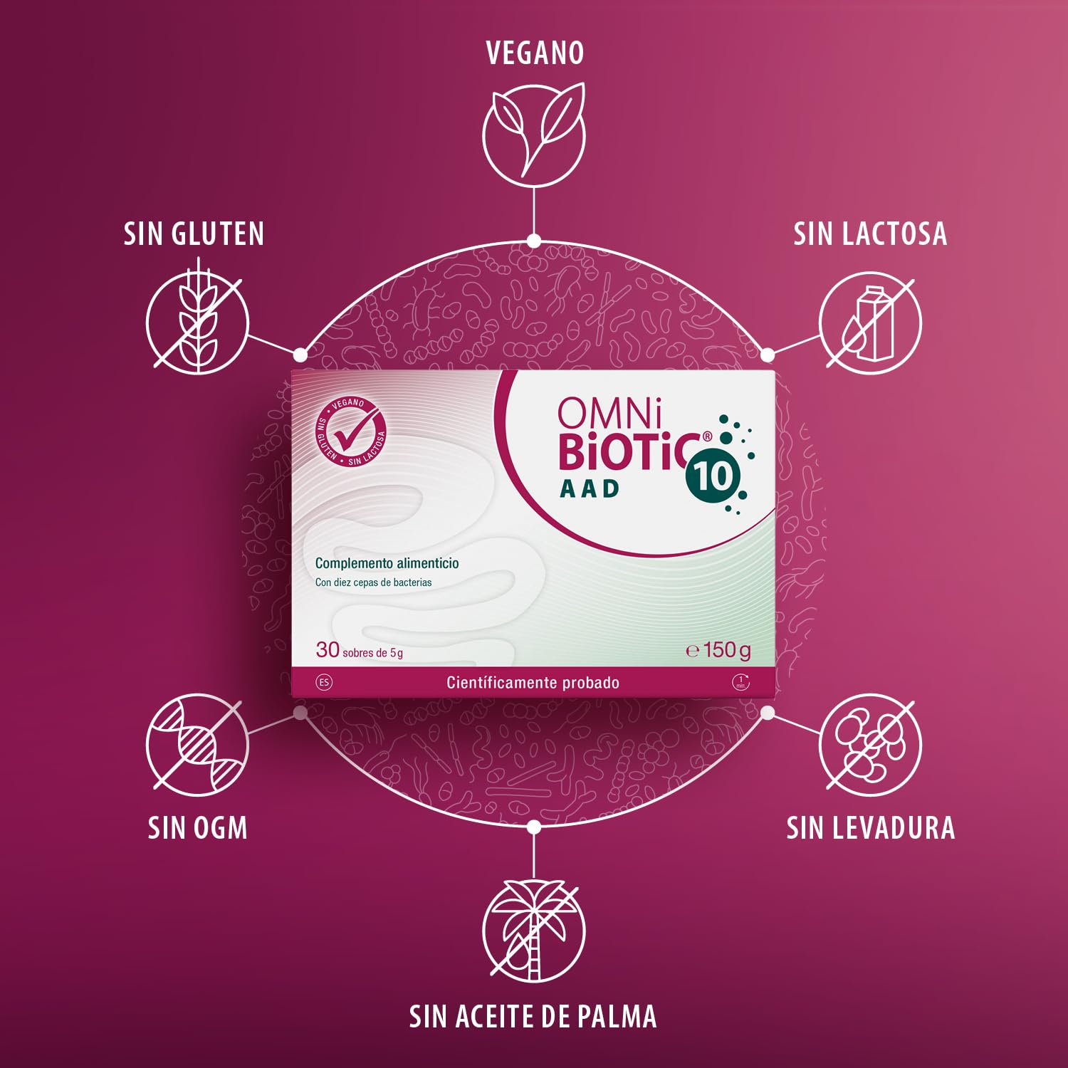 OMNi BiOTiC 10 AAD | 30 sobres (150 g) | Probiótico | 10 cepas bacterianas | 10 mil millones de bacterias por dosis diaria | Polvo | Con inulina | Vegano | Sin gluten | Sin lactosa | Para uso diario