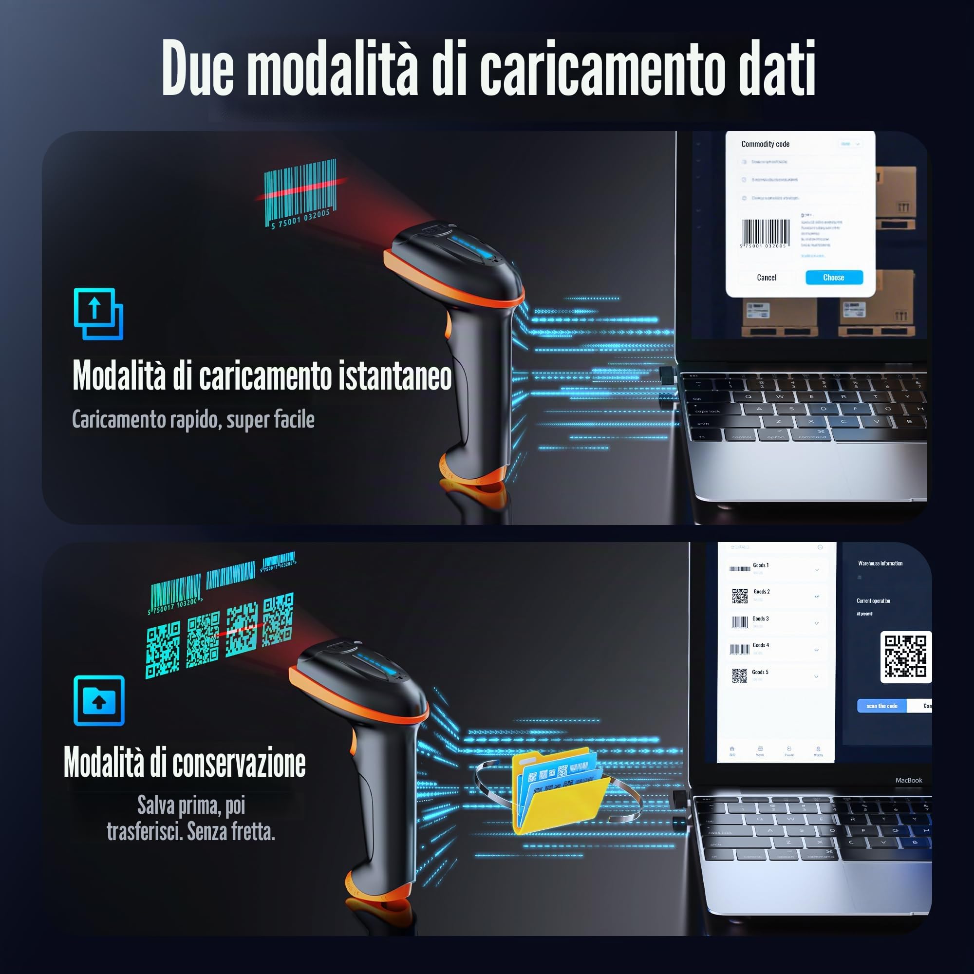 Tera Lettore di codici a barre 1D 2D QR senza fili 2,4 GHz + cavo USB 2,0, lettore di codici a barre con supporto, risoluzione 5 mil, portata 100 m, D5100.