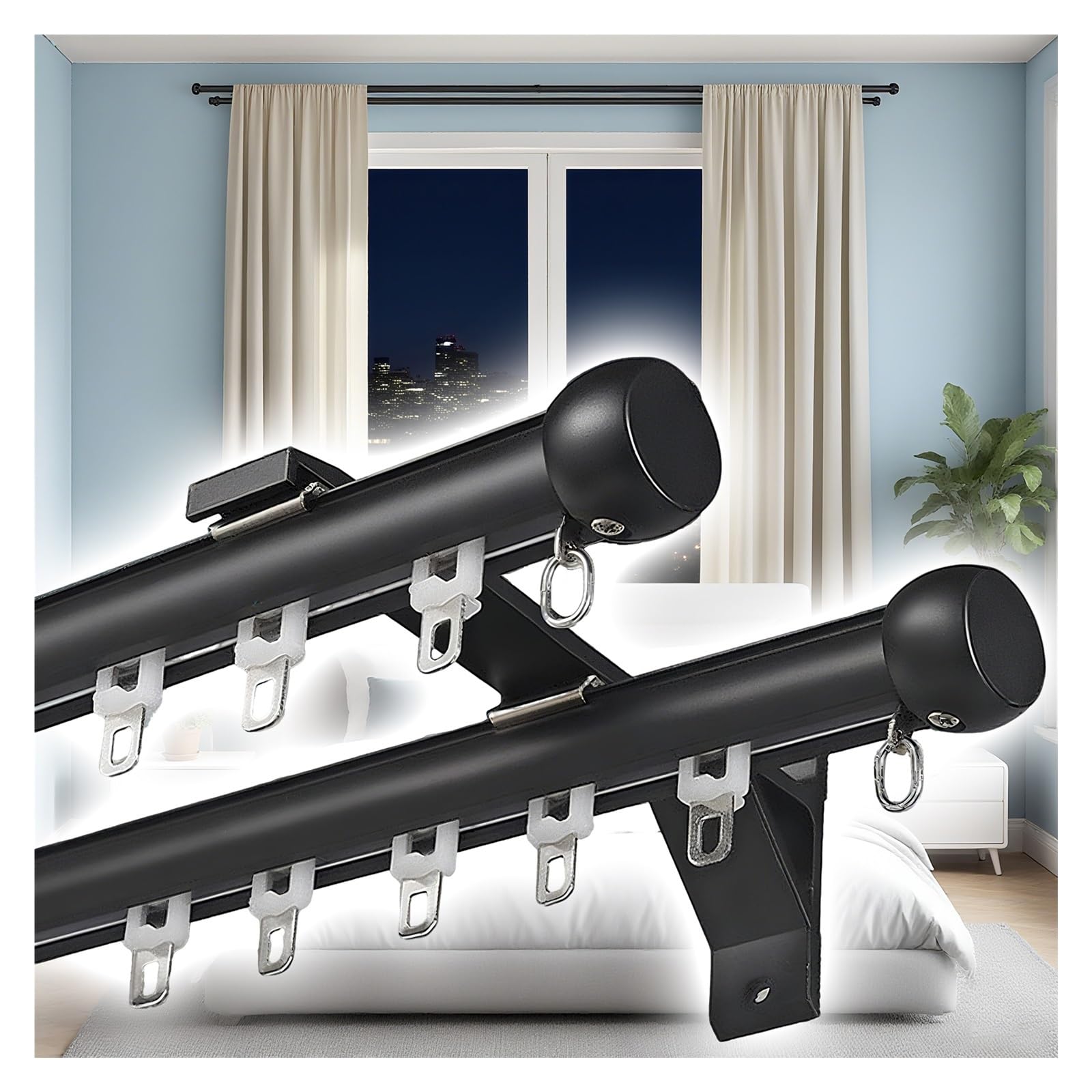 Tringle à rideaux double aluminium noir rail de guidage mural silencieux 190 cm