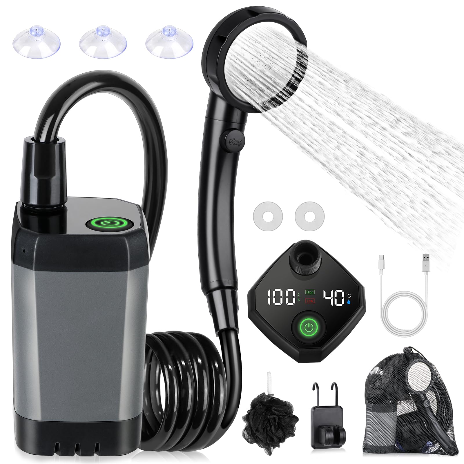 Portable Shower for Camping, [Long-Lasting] Spopal 6000mAh Rechargeable Camping Shower with Intelligent LED Display, 4 Spray Modes, IPX7 Waterproof Outdoor Shower Kit for Hiking, Travel, Car, Pet
