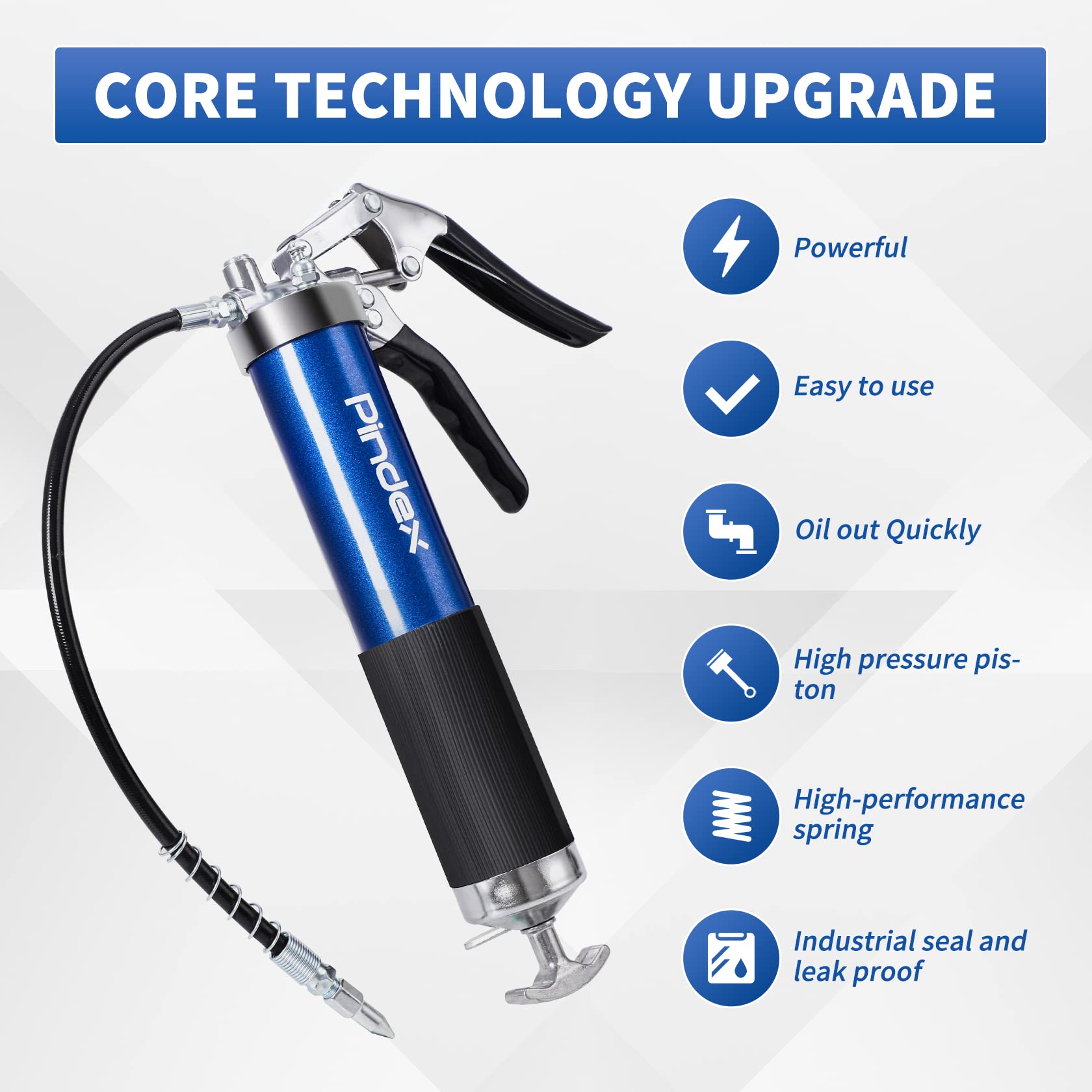 Pindex One-hand grease gun 8000 PSI with flexible hose, hand lever grease gun, spray gun with 400 g cartridge, blue
