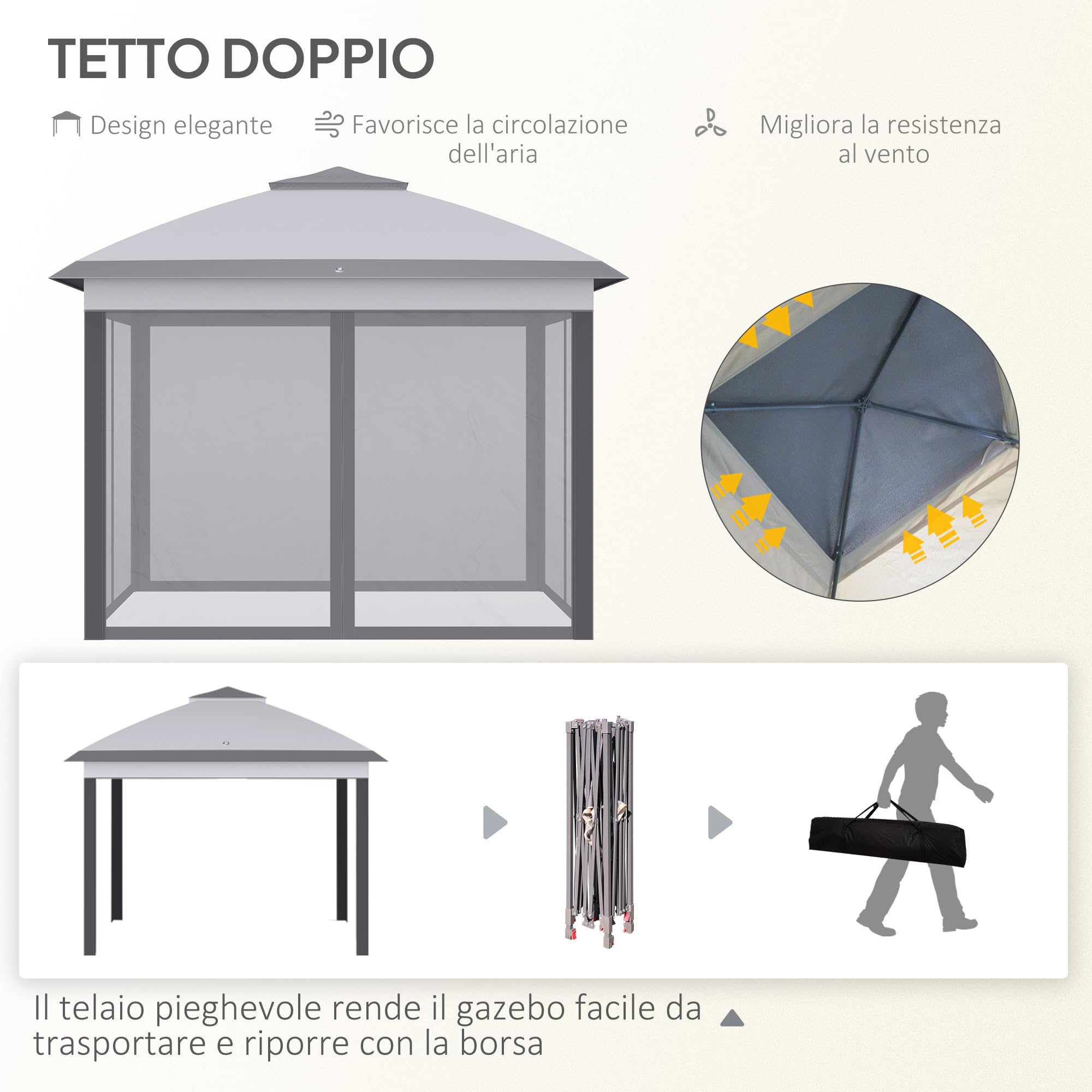 Outsunny Gazebo Pop Up 3.3x3.3 m Regolabile in Altezza su 3 Livelli con Zanzariere, Gazebo da Esterno con Tetto Doppio, Pannelli Laterali e Borsa da Trasporto in Metallo e Tessuto Oxford, Grigio