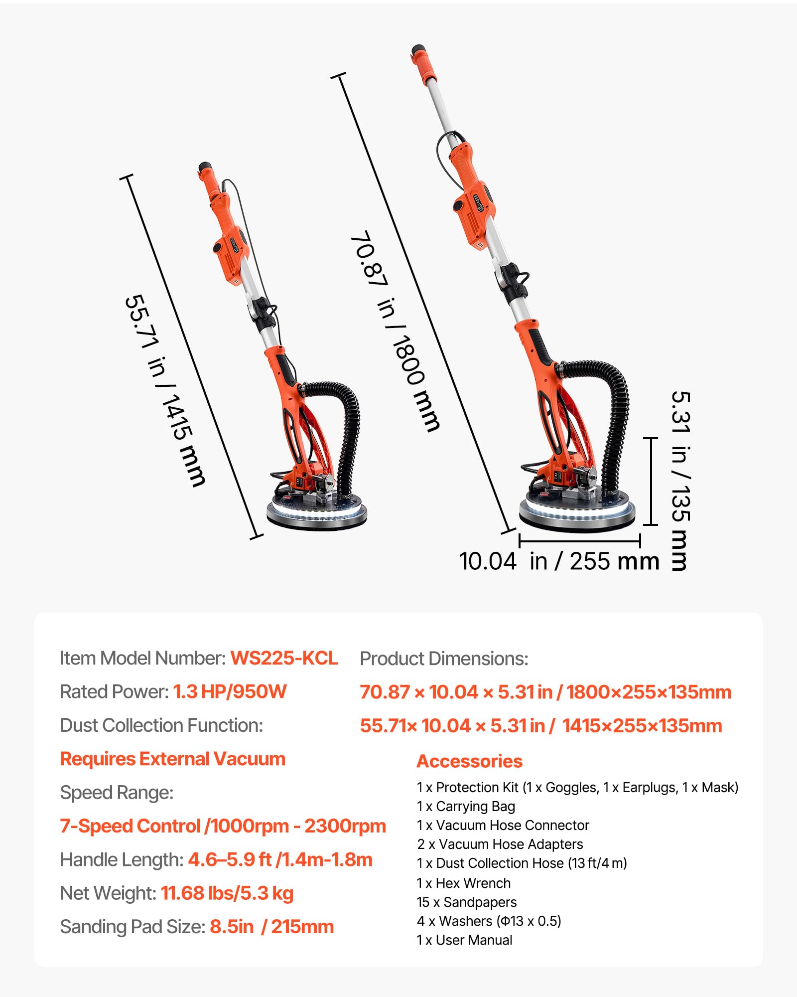 VEVOR Levigatrice Cartongesso per Pareti a Disco, Levigatrice Elettrica per Cartongesso da 950 W, 7 Velocità Regolabili 1000-2300 giri/min, Luce LED, Manico Pieghevole Estensibile 15 Dischi Abrasivi
