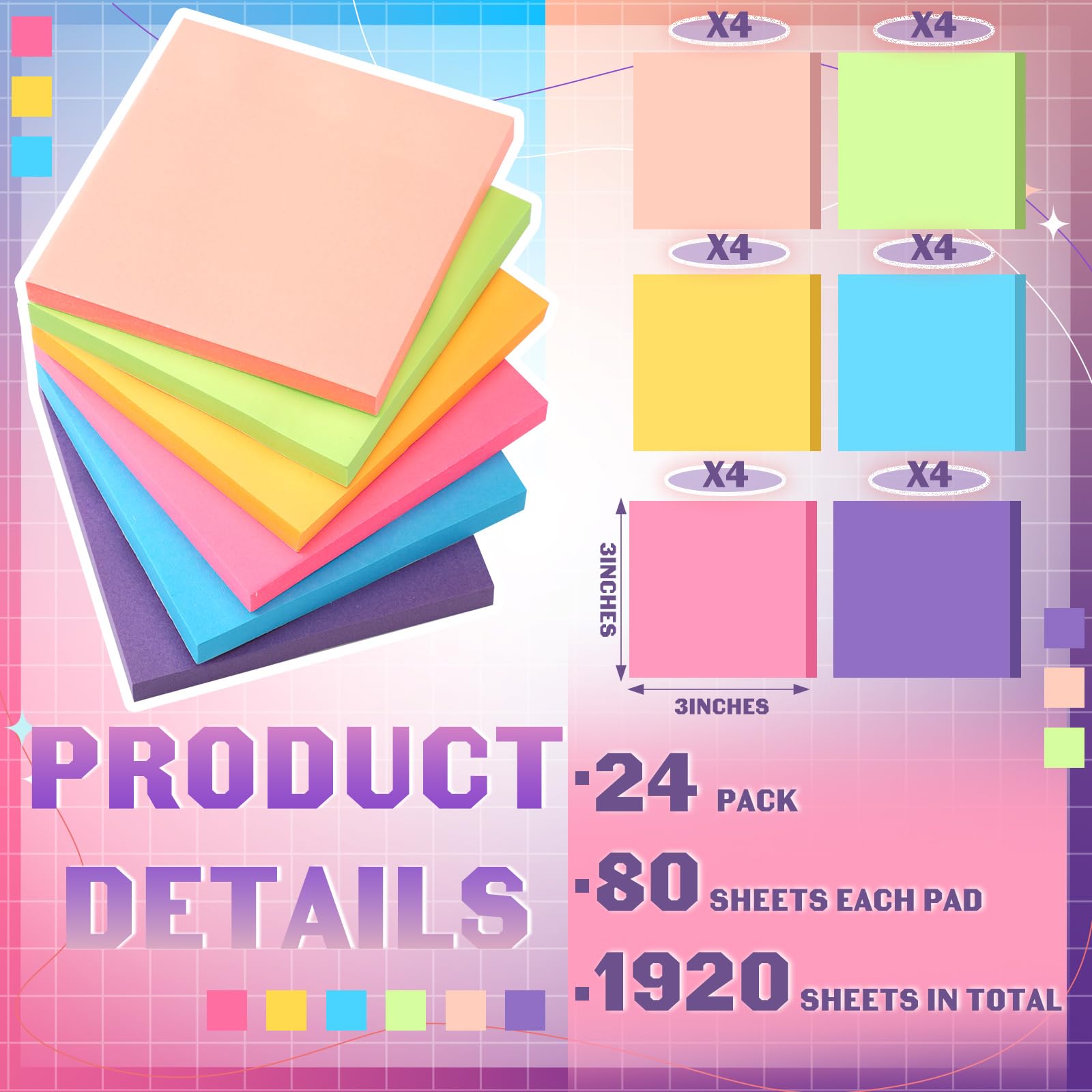 Kajaia 24 blocchetti di foglietti adesivi colorati, facili da inviare, per ufficio, casa, scuola, riunioni, 6 colori pastello, 80 fogli/blocco (7,6 x 7,6 cm)
