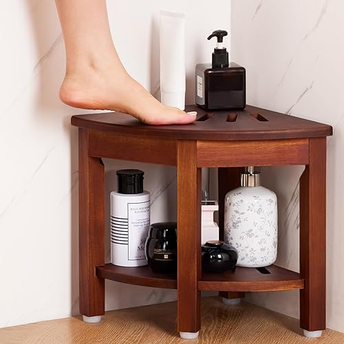 Miniatura 7 de HouseJoy Banco de ducha de esquina con estante: taburete de ducha de esquina para afeitarse las piernas, reposapiés de baño, banco de baño